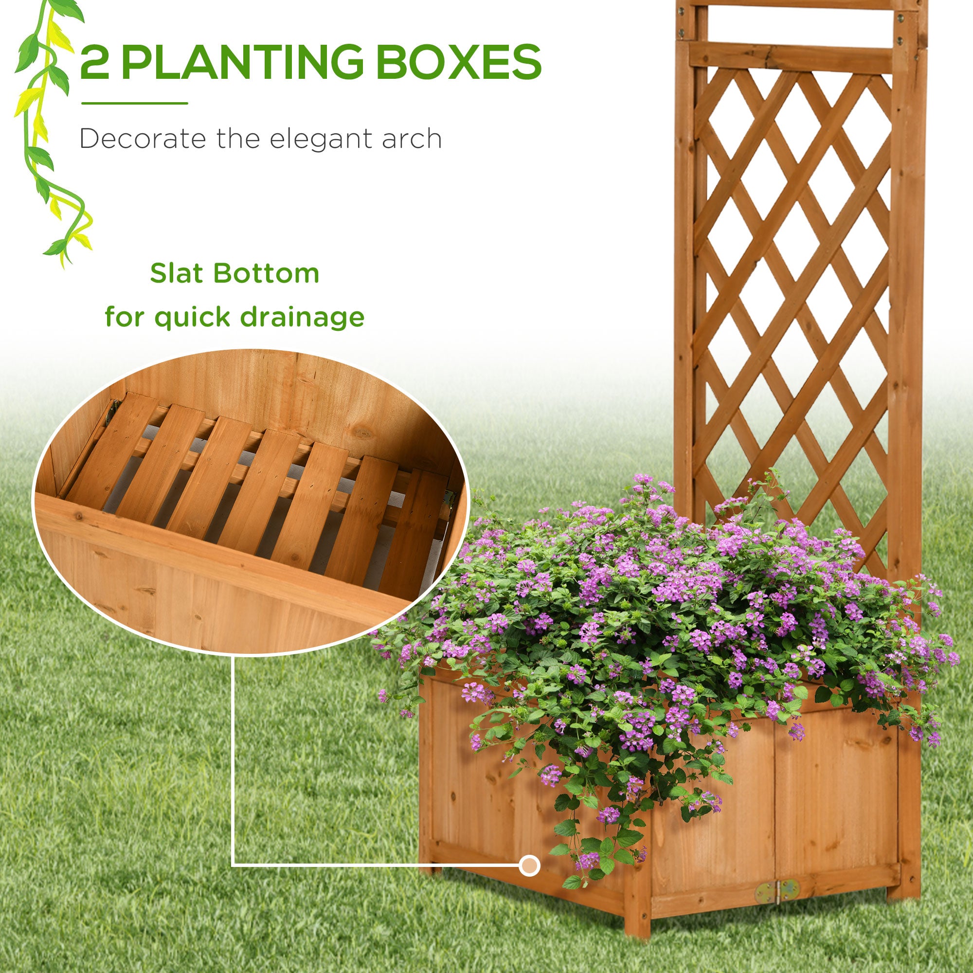 7.7FT Wooden Garden Arch with Foldable Planter Boxes - Brown-DECOROLALA