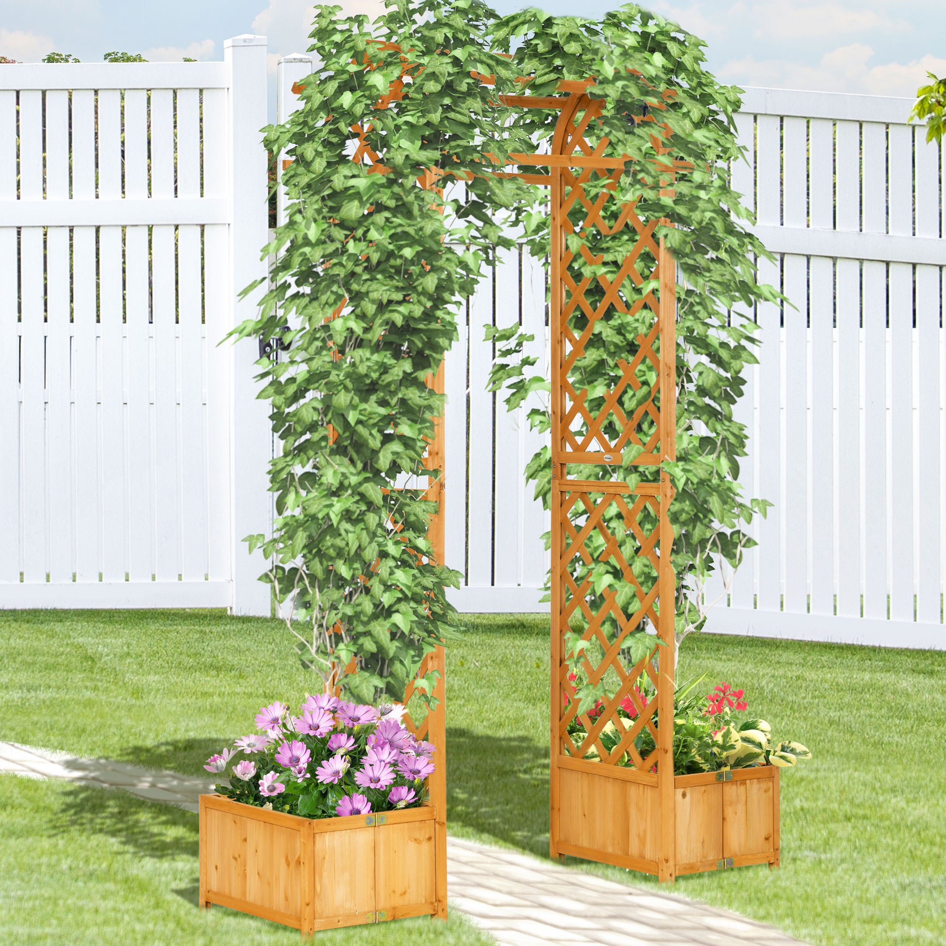7.7FT Wooden Garden Arch with Foldable Planter Boxes - Brown-DECOROLALA