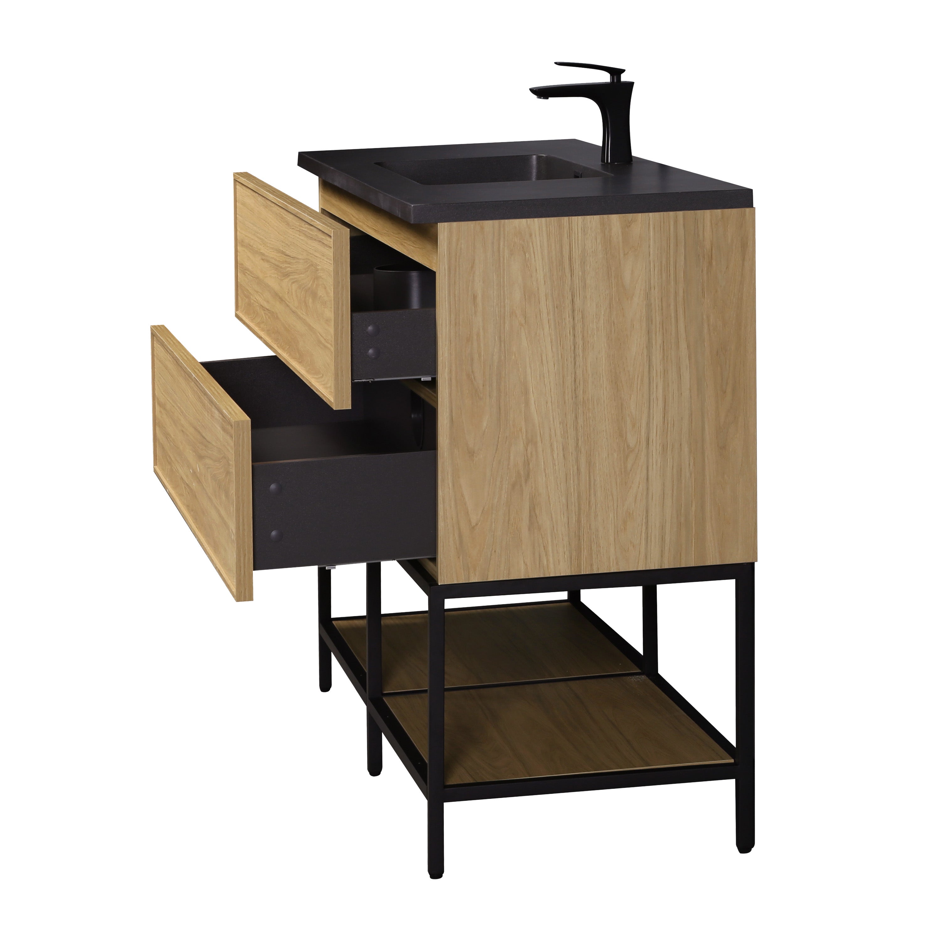 48" Sunset Walnut Wall Mount Bathroom Vanity with Black Engineered Quartz Countertop