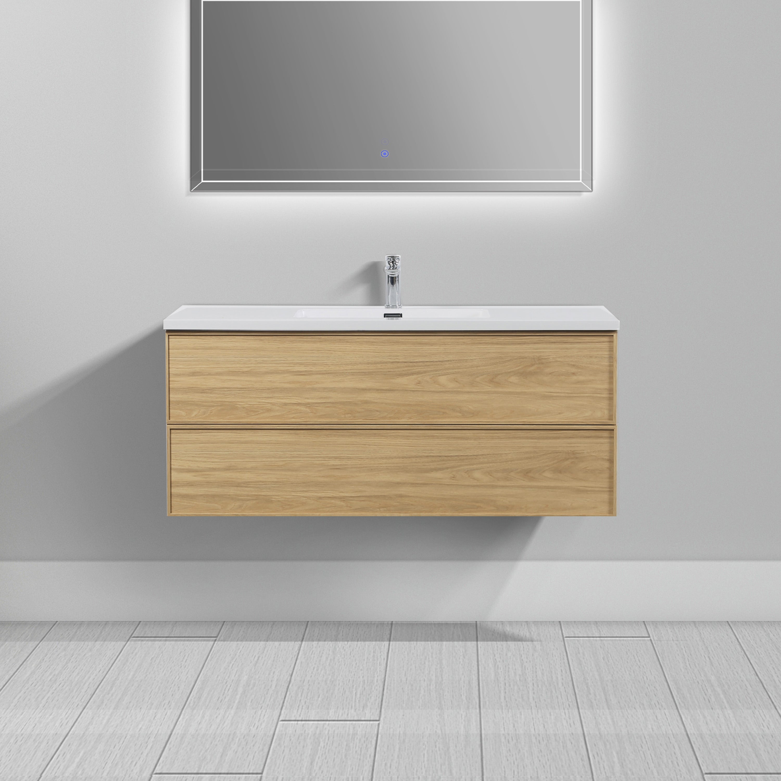 48" Sunset Walnut Wall Mount Bathroom Vanity with White Polymarble Countertop
