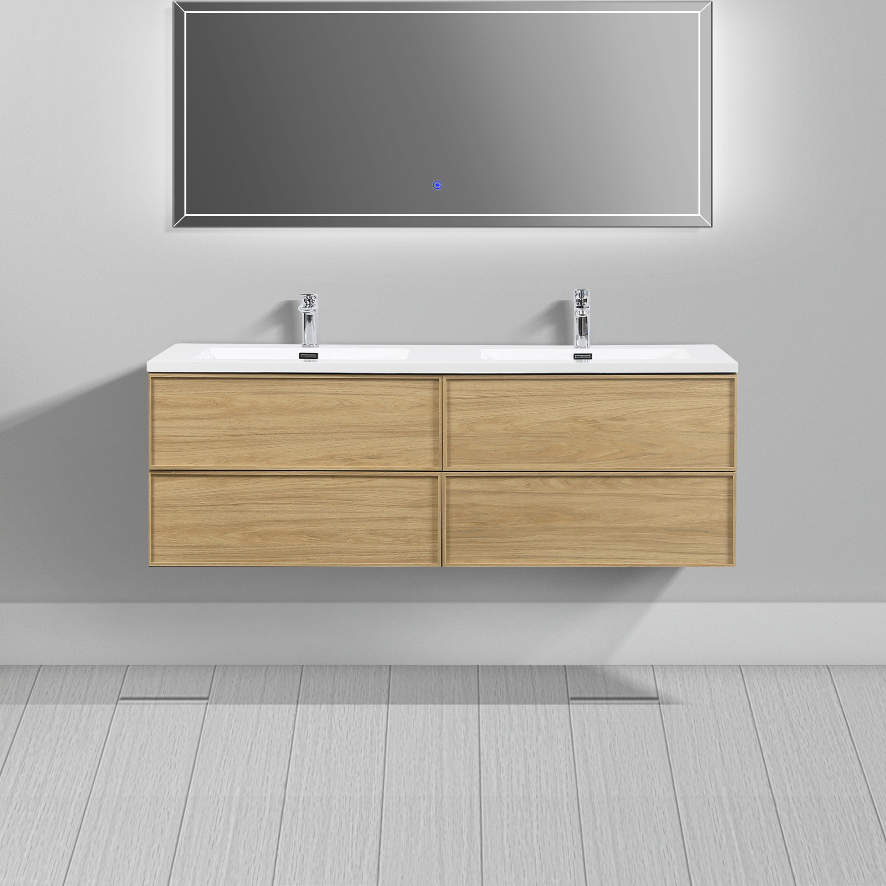 60" Sunset Walnut Wall Mount Double Sink Bathroom Vanity with White Polymarble Countertop