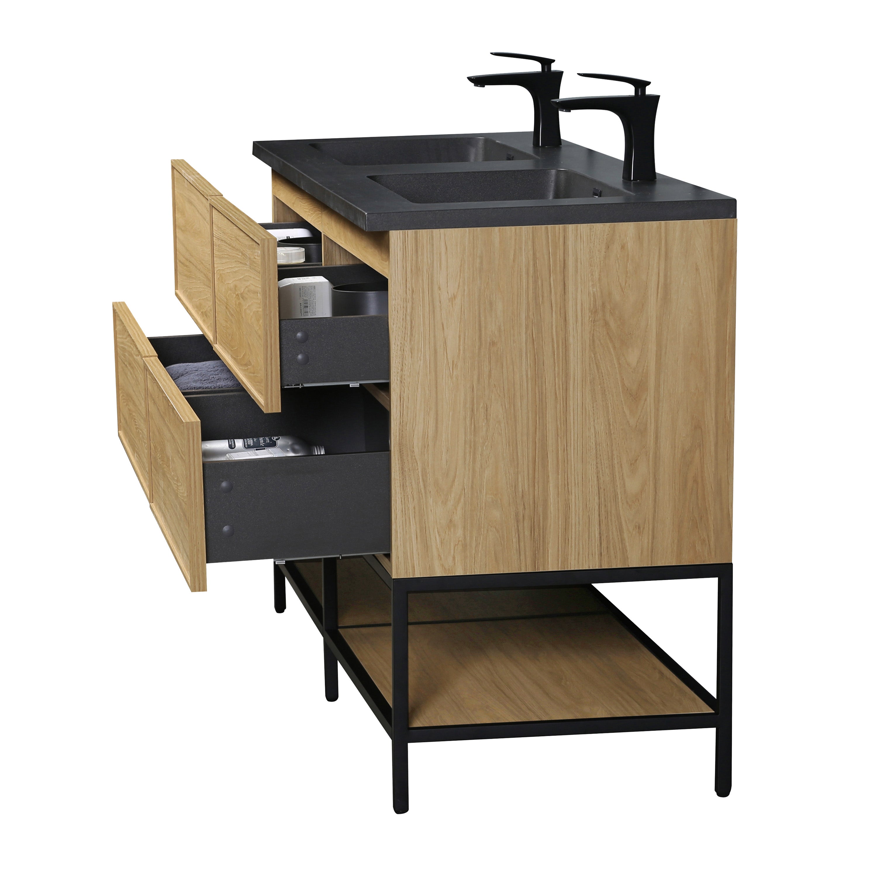 60" Sunset Walnut Wall Mount Double Sink Bathroom Vanity with Black Engineered Quartz Countertop