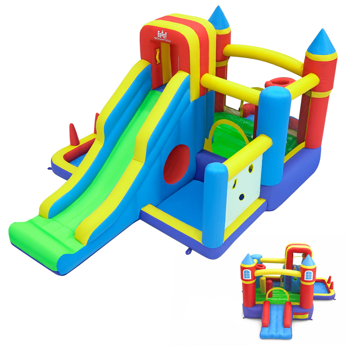 Château gonflable 7-en-1 avec toboggan, piscine à balles et panier de basket, sans souffleur, pour enfants, intérieur et extérieur
