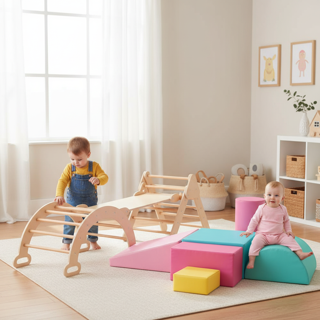 Ensemble triangle de Pikler 7-en-1 avec blocs en mousse en 6 pièces pour tout-petits, aire de jeux intérieure