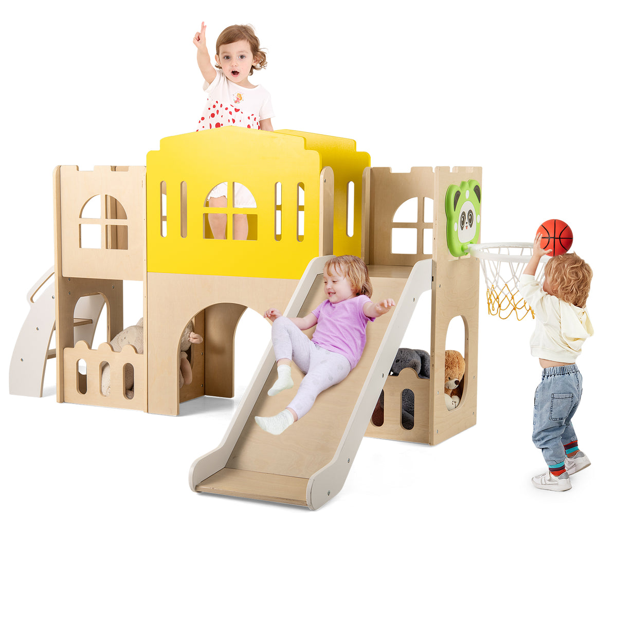 Ensemble toboggan 7-en-1 pour jeunes enfants, avec structure d’escalade et panier de basket-Multicolore