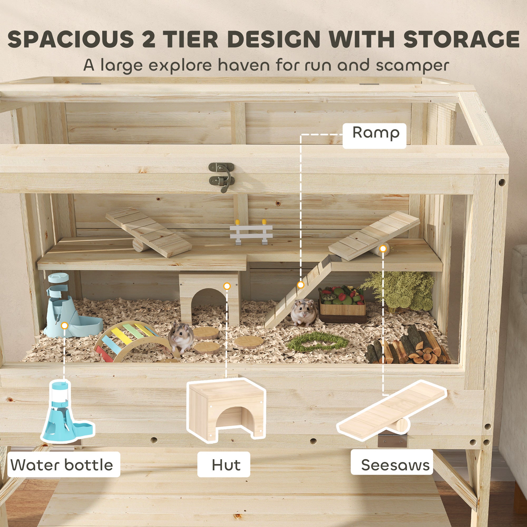 Wooden Hamster Cage with Openable Top, Water Bottle, Transparent Panels for Syrian, Dwarf Hamsters and Gerbils, Natural