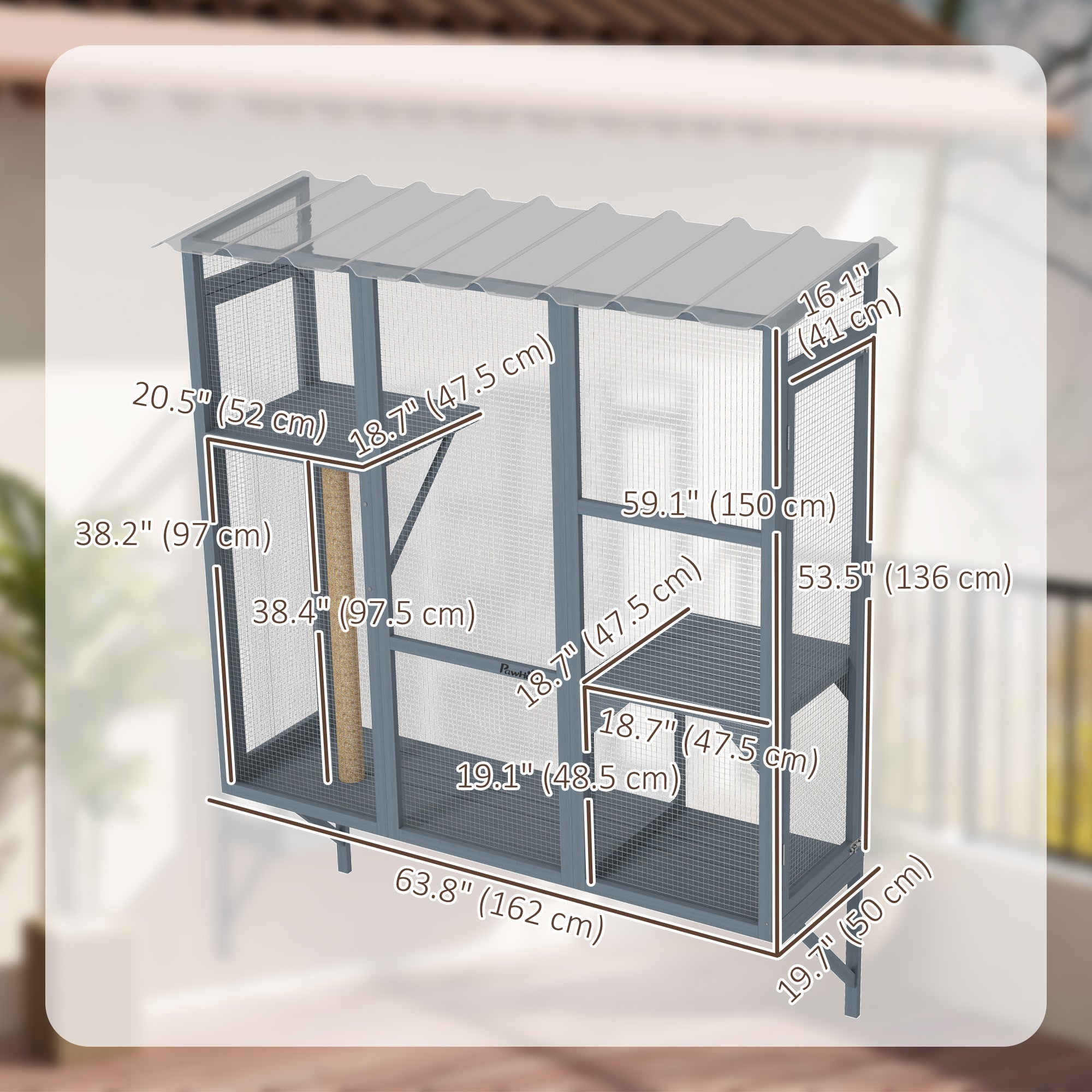 Enclos extérieur en bois pour chats, espace grillagé pour fenêtre permettant d’accueillir 2 à 3 grands chats, avec 2 plateformes de saut et un poteau à griffer, gris