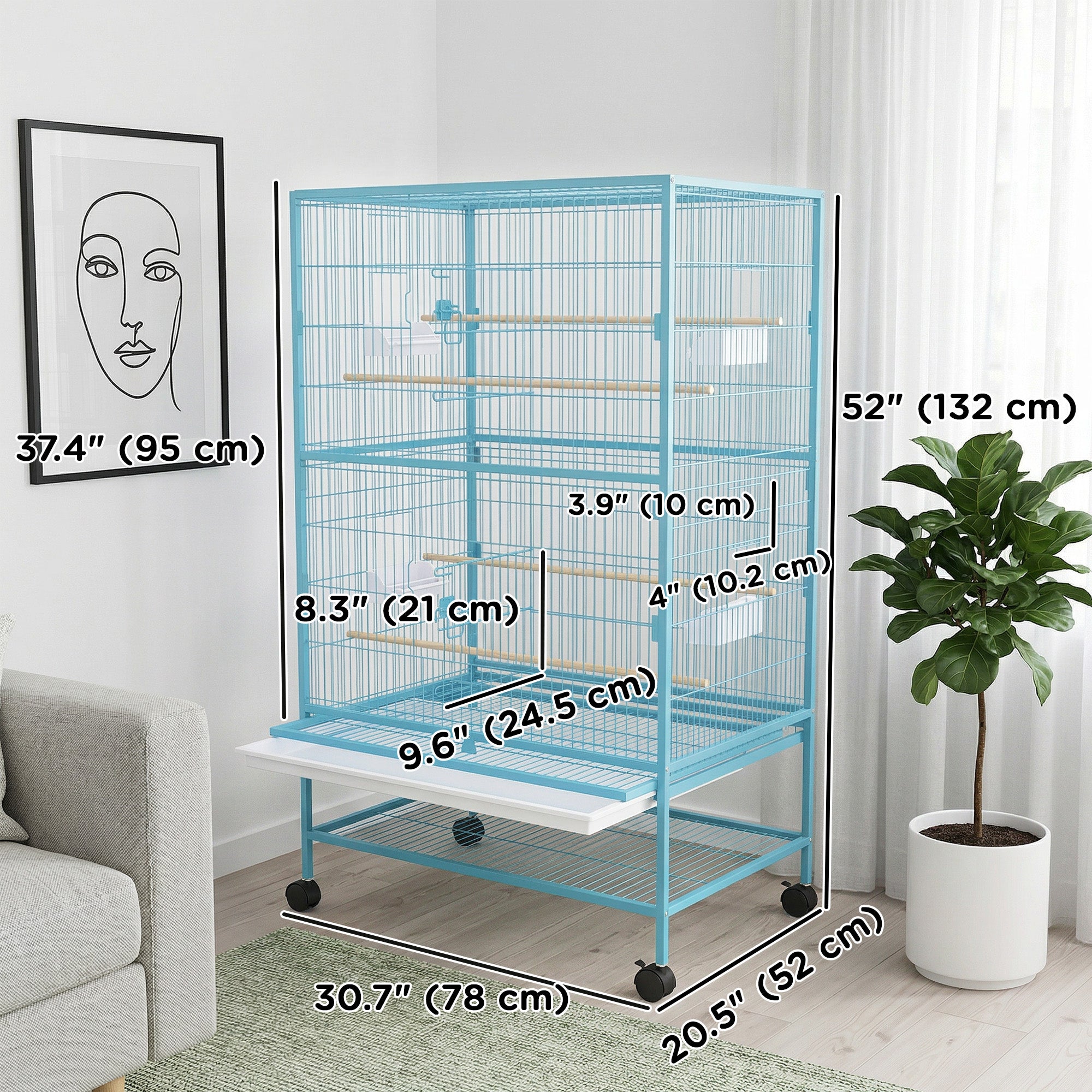 Cage à oiseaux en acier grand format de 52 pouces sur roulettes avec support roulant, étagère de rangement, perchoir en bois, récipient à nourriture, bleu clair