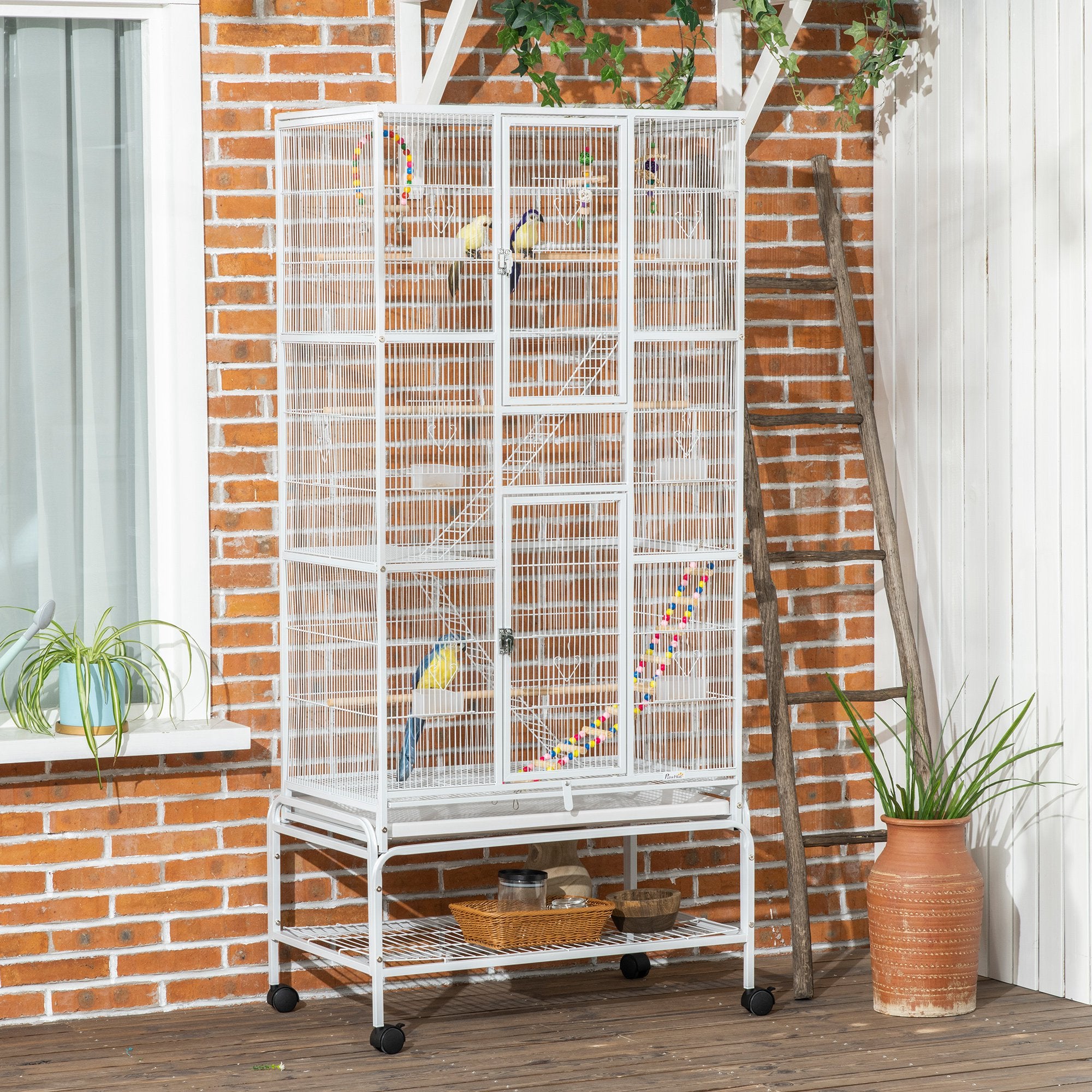 71" Bird Cage with Wheels Perches, Ramp, Storage Shelf, Toys for Canaries, Finches, Cockatiels, Parakeets, White
