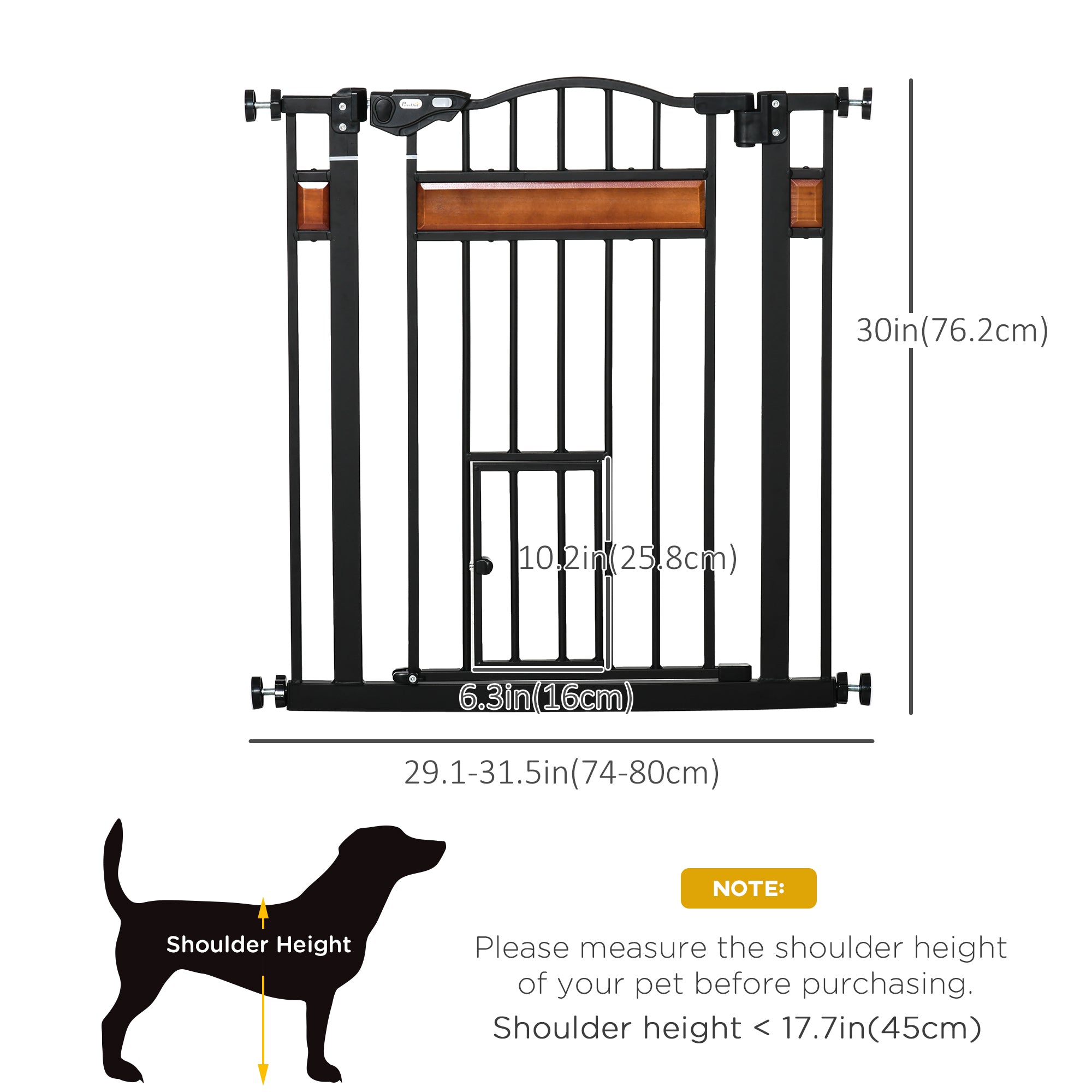 Barrière extra-large pour chien de 29.1'' à 31.5'' avec chatière, barrière d’escalier de 30"H avec extension, coupelles murales, fixation par pression, fermeture automatique, double verrouillage, pour portes, couloirs et escaliers, noire