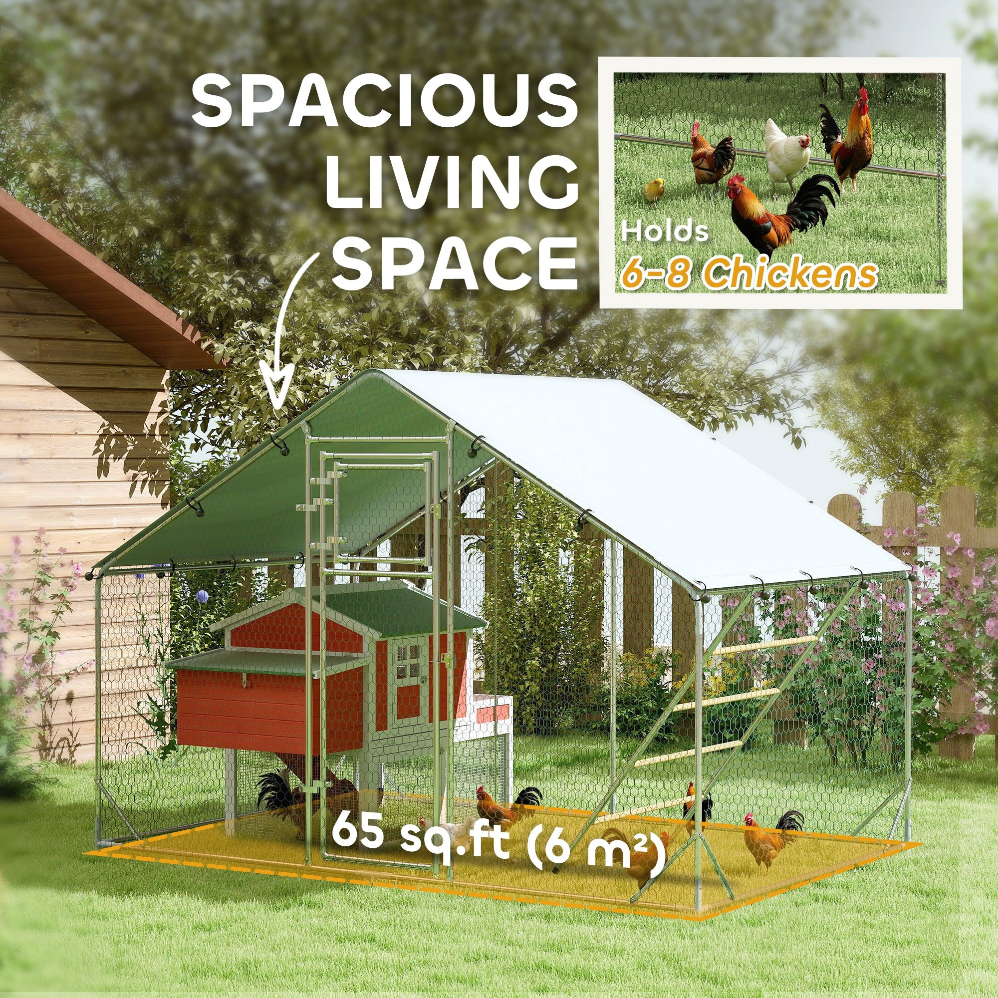 Large Metal Chicken Run with Waterproof & UV-Resistant Cover, Feeding Door, Hanging Feeder, Perch for 6-8 Chickens