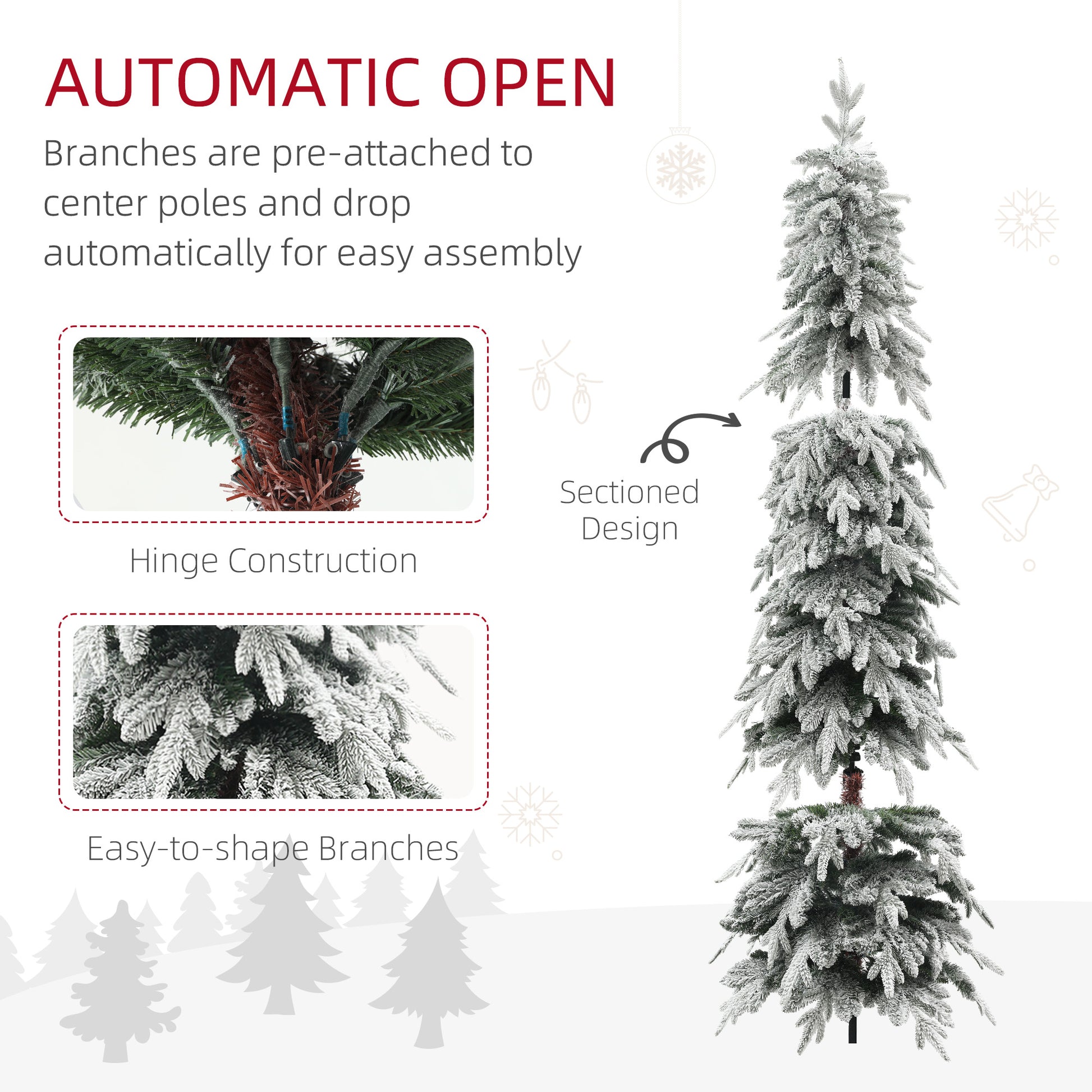 7ft Flocked Pencil Artificial Christmas Tree - Green-Home Furnishings > Holiday & Seasonal > Christmas Trees > Flocked Christmas Trees-DECOROLALA