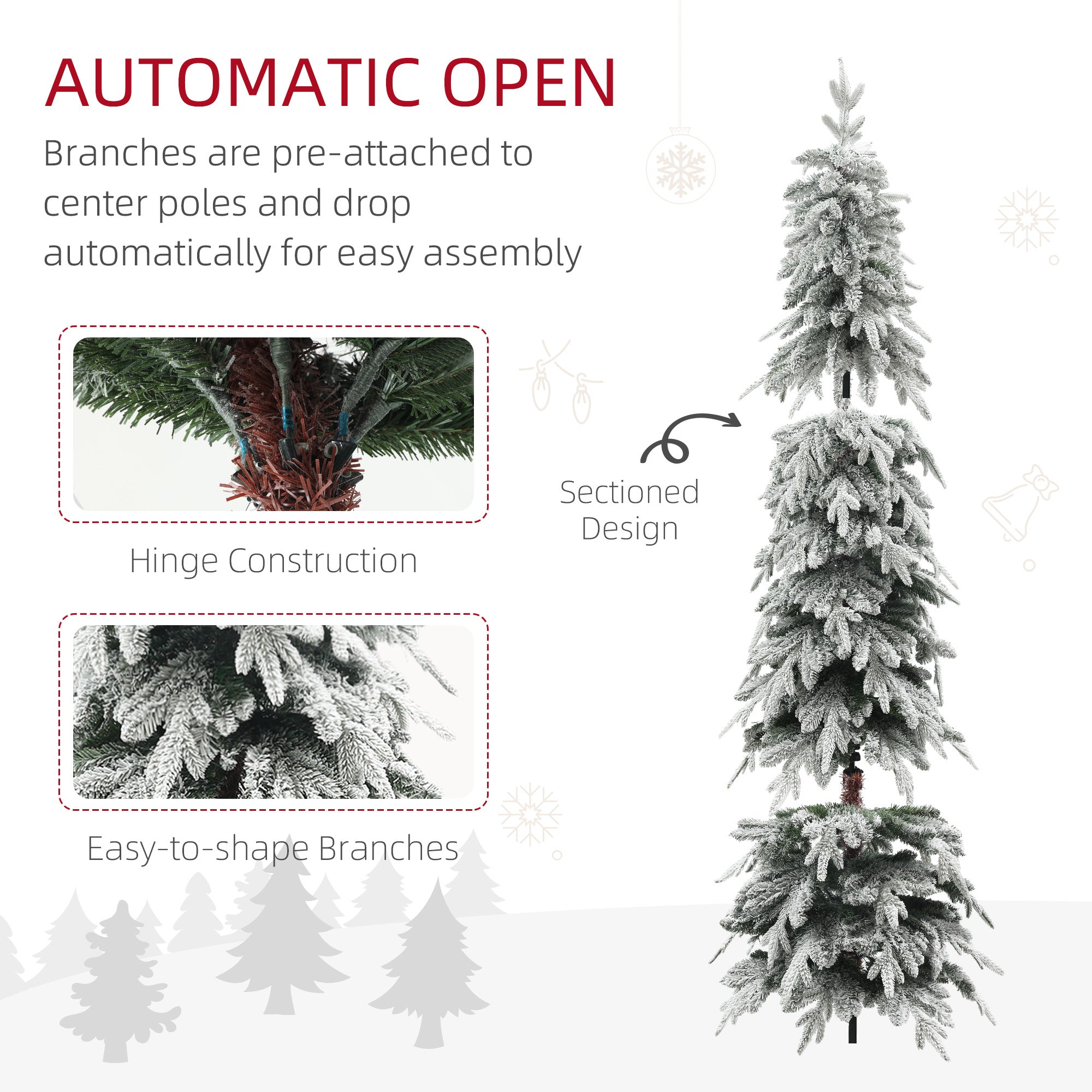 7ft Flocked Pencil Artificial Christmas Tree - Green-Home Furnishings > Holiday & Seasonal > Christmas Trees > Flocked Christmas Trees-DECOROLALA