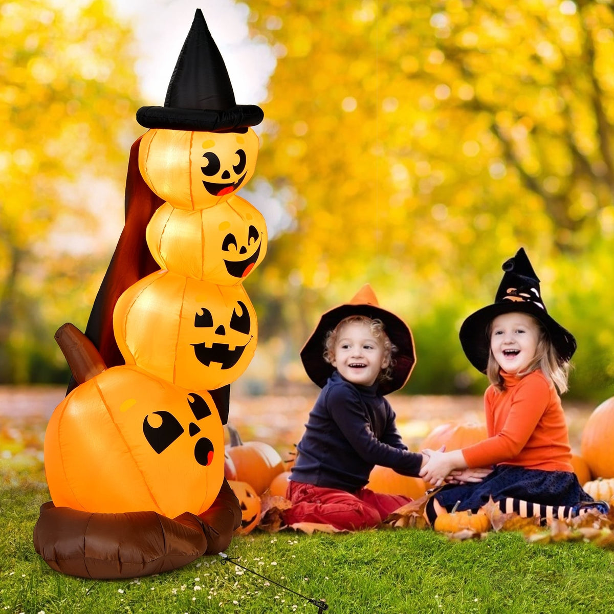 7ft Halloween Inflatable Pumpkin Combo with Witch's Hat and LED Lights-Halloween Decorations-DECOROLALA
