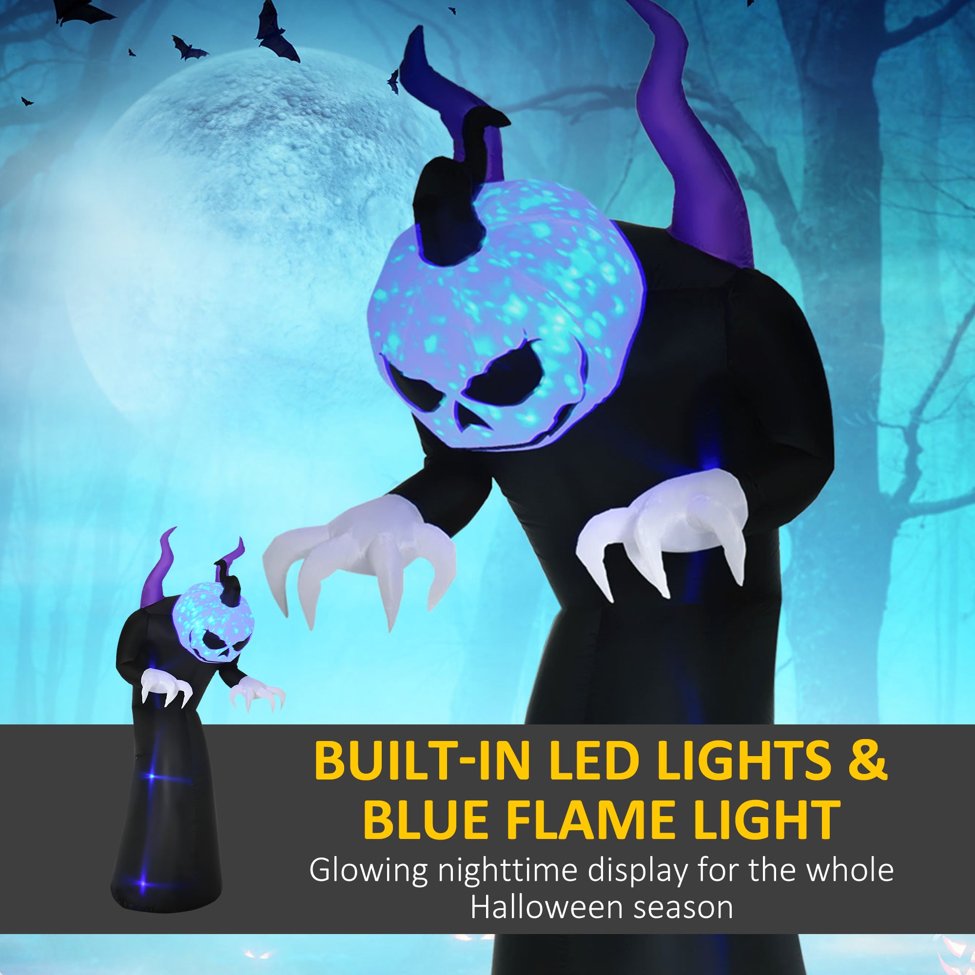 7ft Inflatable Halloween Ghost with Horns & Blue Flame LED-Home Furnishings > Holiday & Seasonal > Halloween Decorations-DECOROLALA