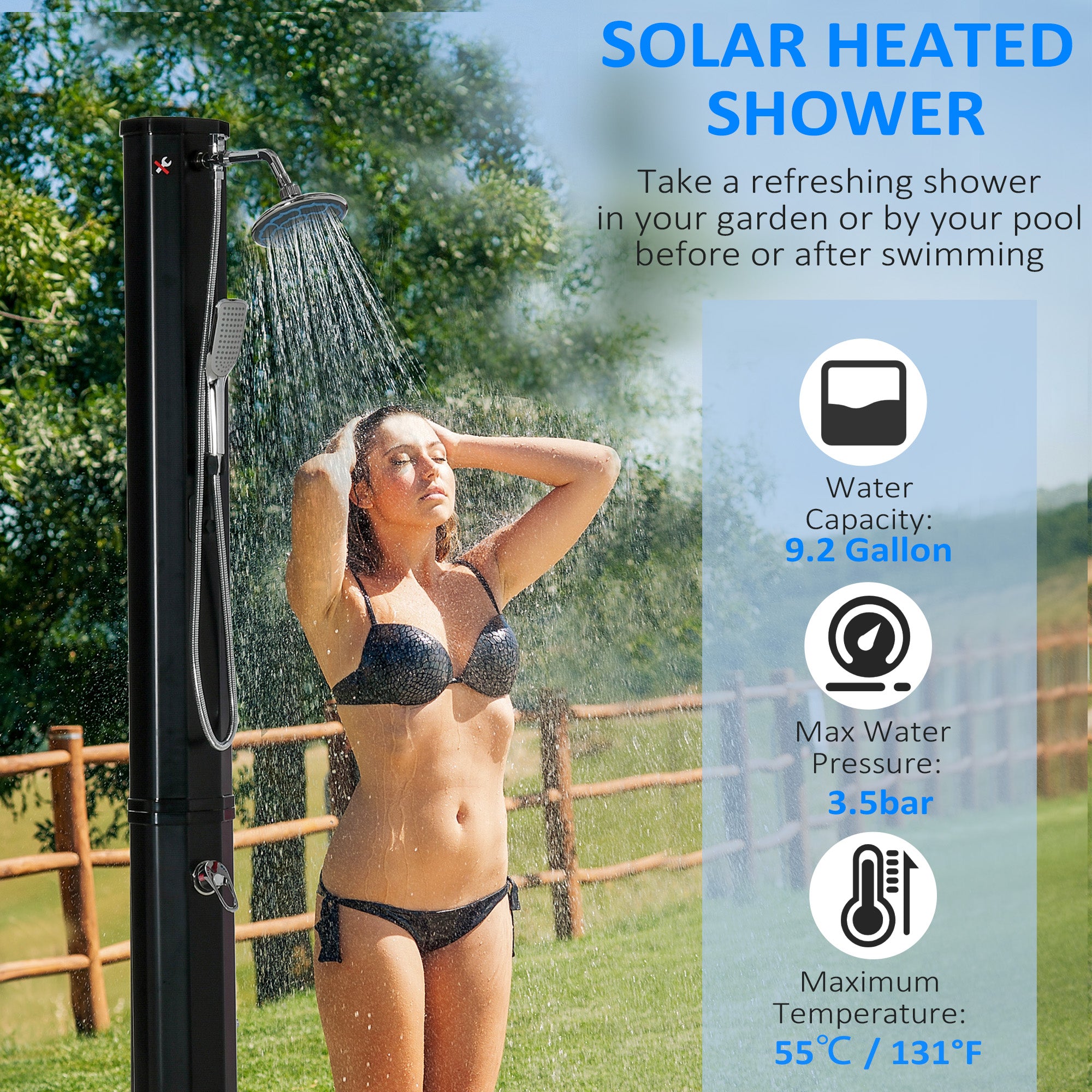 7ft Outdoor Solar Heated Shower - 9.2 Gallon Black-DECOROLALA