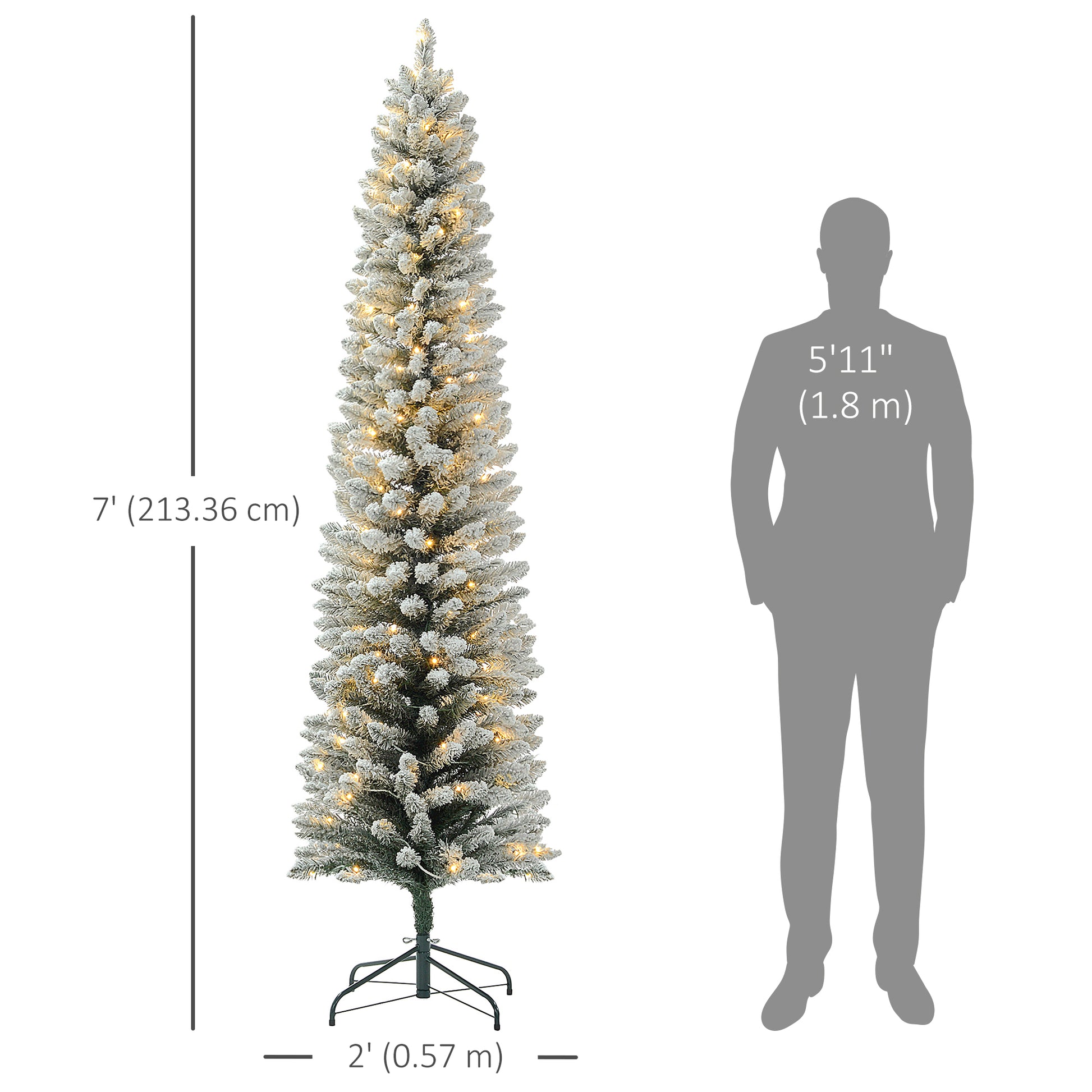 7ft Prelit Pencil Christmas Tree - Snow Flocked 180 LED-Home Furnishings > Holiday & Seasonal > Christmas Trees > Pre Lit Christmas Trees-DECOROLALA