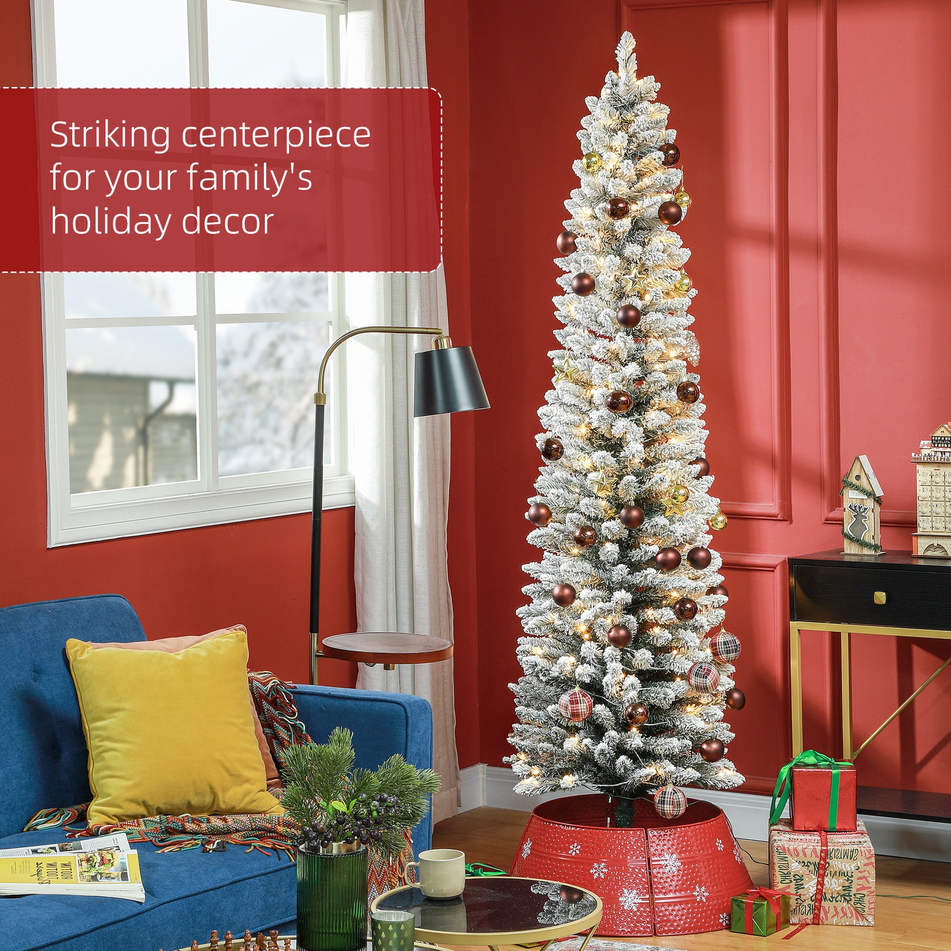 7ft Prelit Pencil Christmas Tree - Snow Flocked 180 LED-Home Furnishings > Holiday & Seasonal > Christmas Trees > Pre Lit Christmas Trees-DECOROLALA