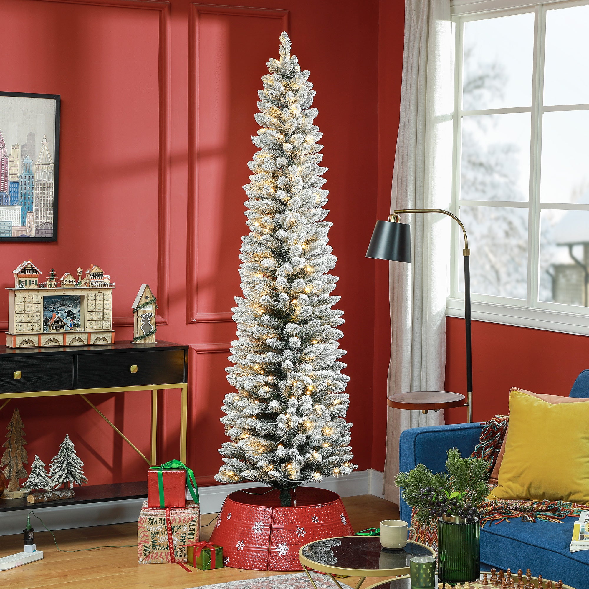 7ft Prelit Pencil Christmas Tree - Snow Flocked 180 LED-Home Furnishings > Holiday & Seasonal > Christmas Trees > Pre Lit Christmas Trees-DECOROLALA
