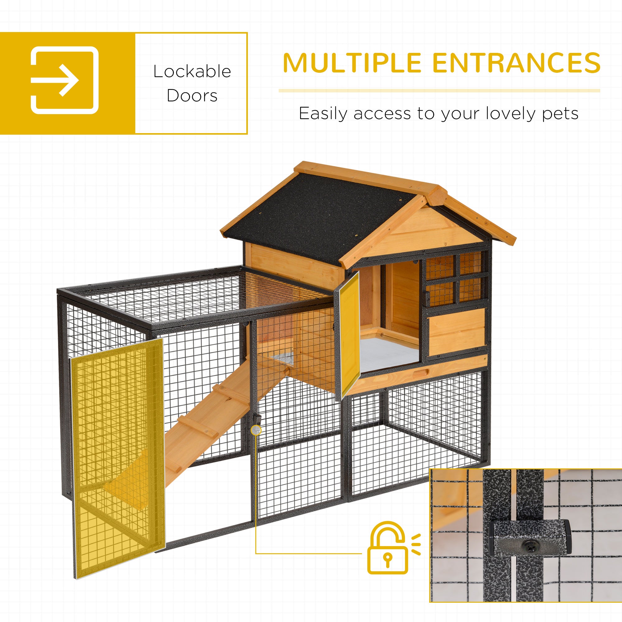 Clapier extérieur pour lapins, 48"L, grand enclos en bois avec espace de course, structure métallique résistante aux morsures, plateau en plastique amovible, toit en asphalte, rampe, cage pour cochons d’Inde et 1 à 2 lapins, jaune