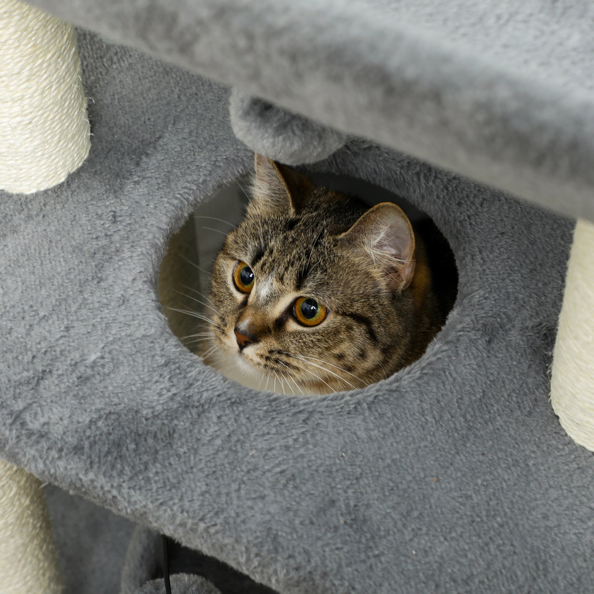 Small Cat Tree with Perch, Scratching Posts, Pad, Bed, Toy Balls, Light Grey