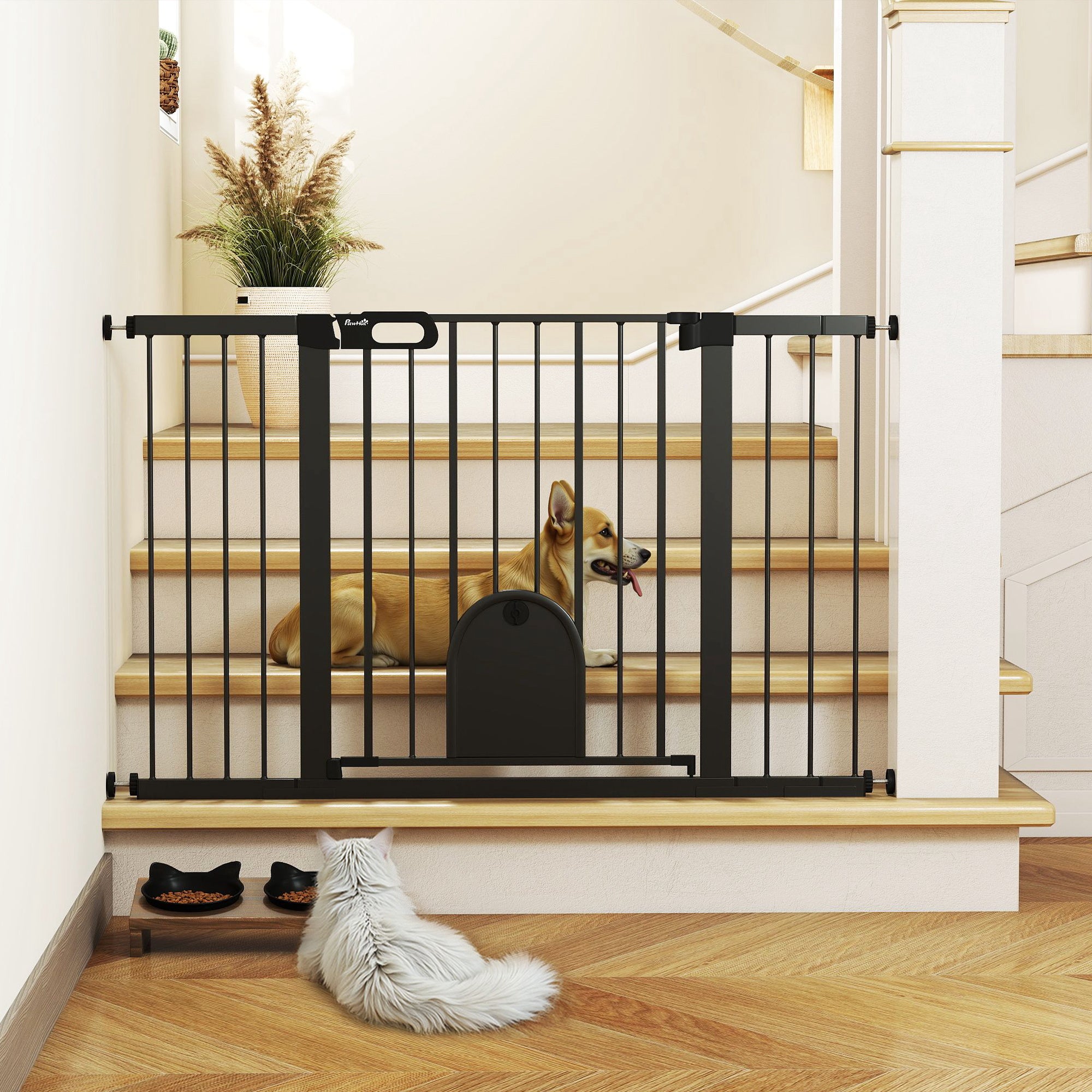 30"-52" Extra Wide Pet Gate Barrier with Small Door, 30"H Dog Gate with Safety Gate Barrier, Stair Pressure Fit, Black