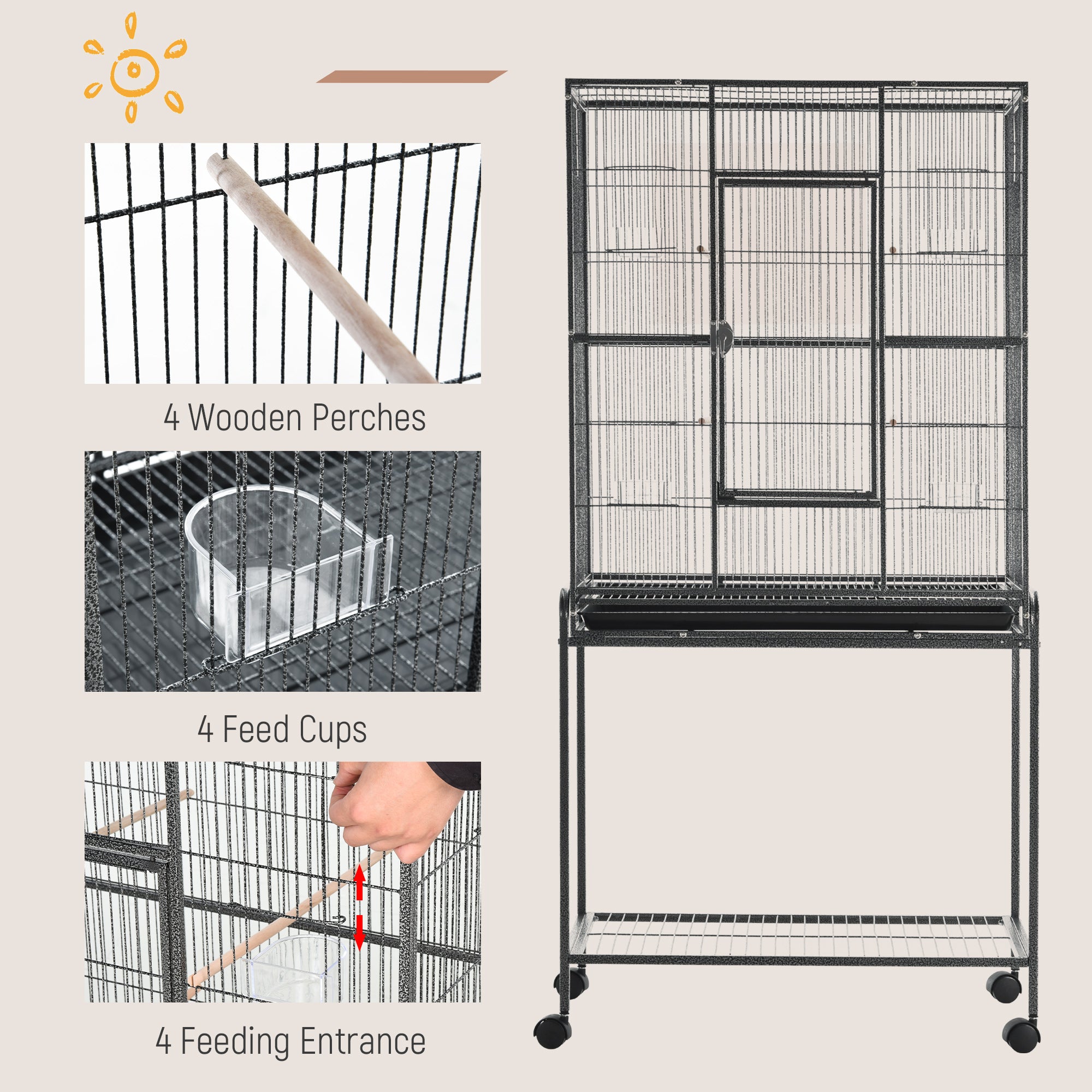 Large Rolling Metal Bird Cage Bird House with Detachable Rolling Stand, Storage Shelf, Wood Perch Food Container - Black