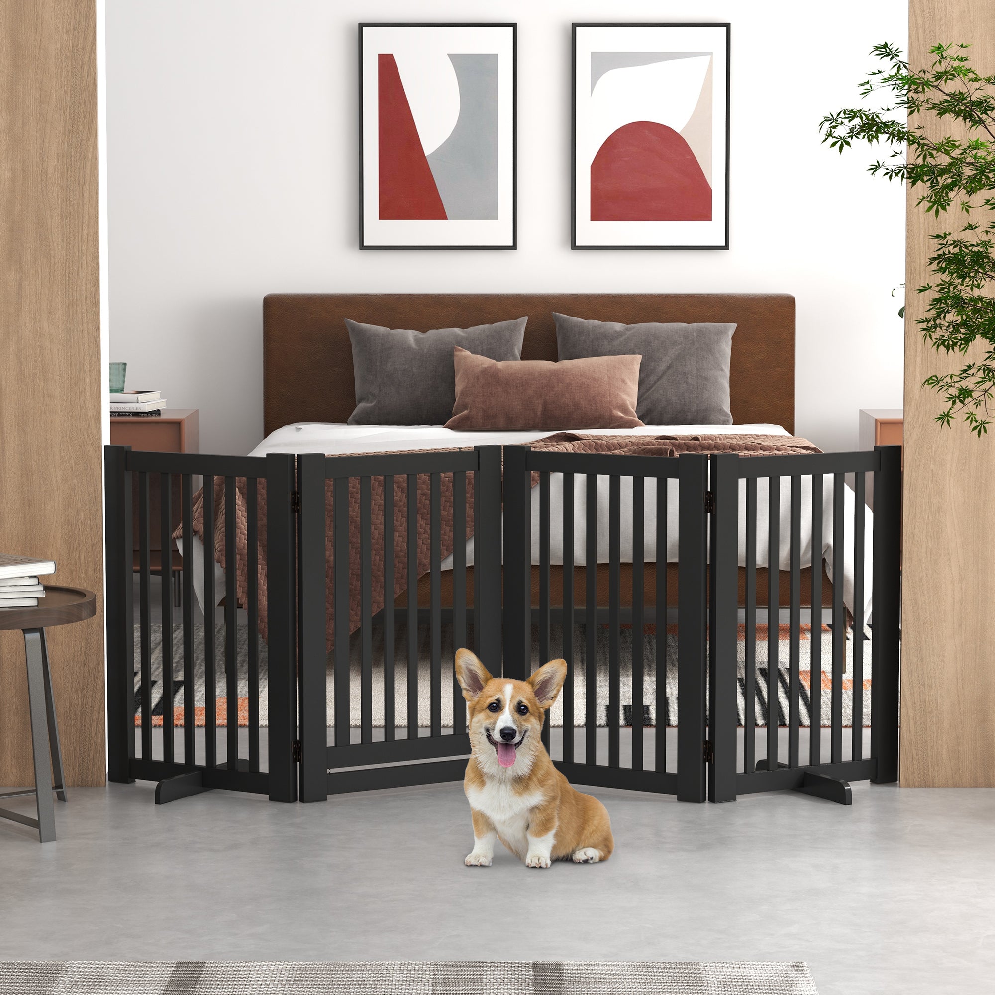 4 Panel Free Standing Wooden Pet Gate with Open Door Black