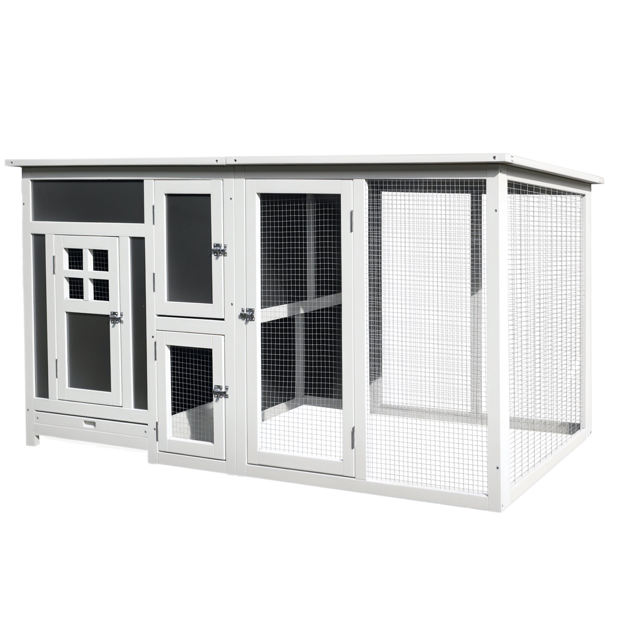 Poulailler en bois de 63" avec pondoir et enclos, cage pour poules, clapier pour lapins et petits animaux, usage extérieur dans le jardin, toit en PC gris