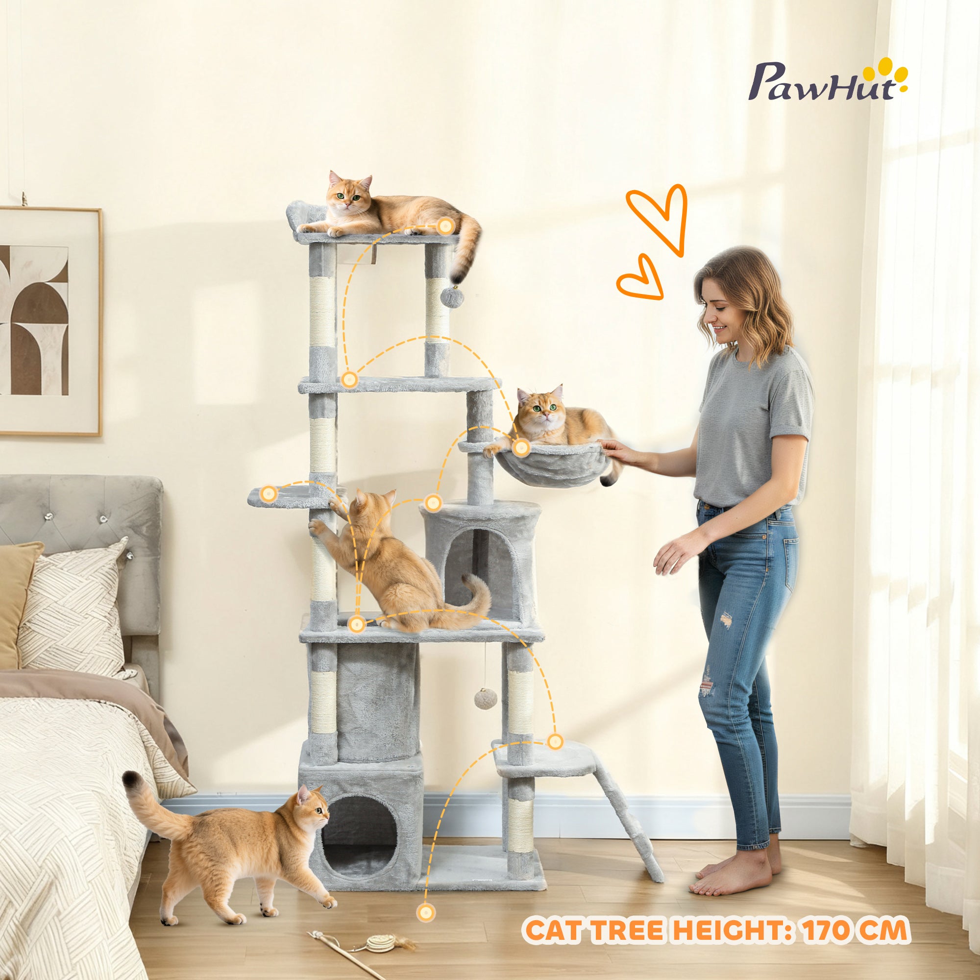 67" Large Cat Tree with 7 Scratching Posts, Tunnel, 2 Condos, Hammock, Perch, Ramp, Pompoms, Light Grey