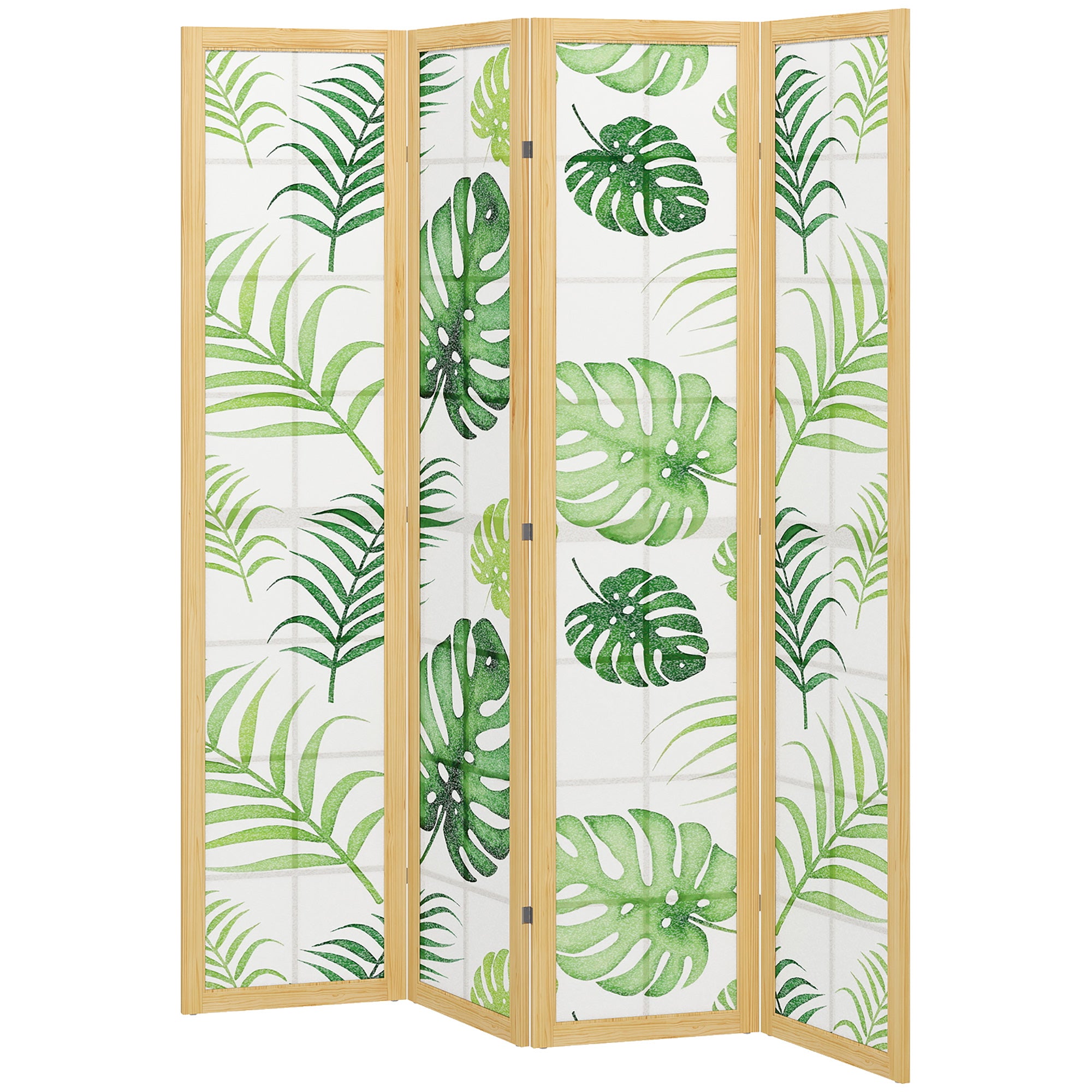 Paravent pliable à 4 panneaux, séparateur de pièce de 67" avec motif de feuilles de palmier pour le salon ou la chambre, naturel et vert