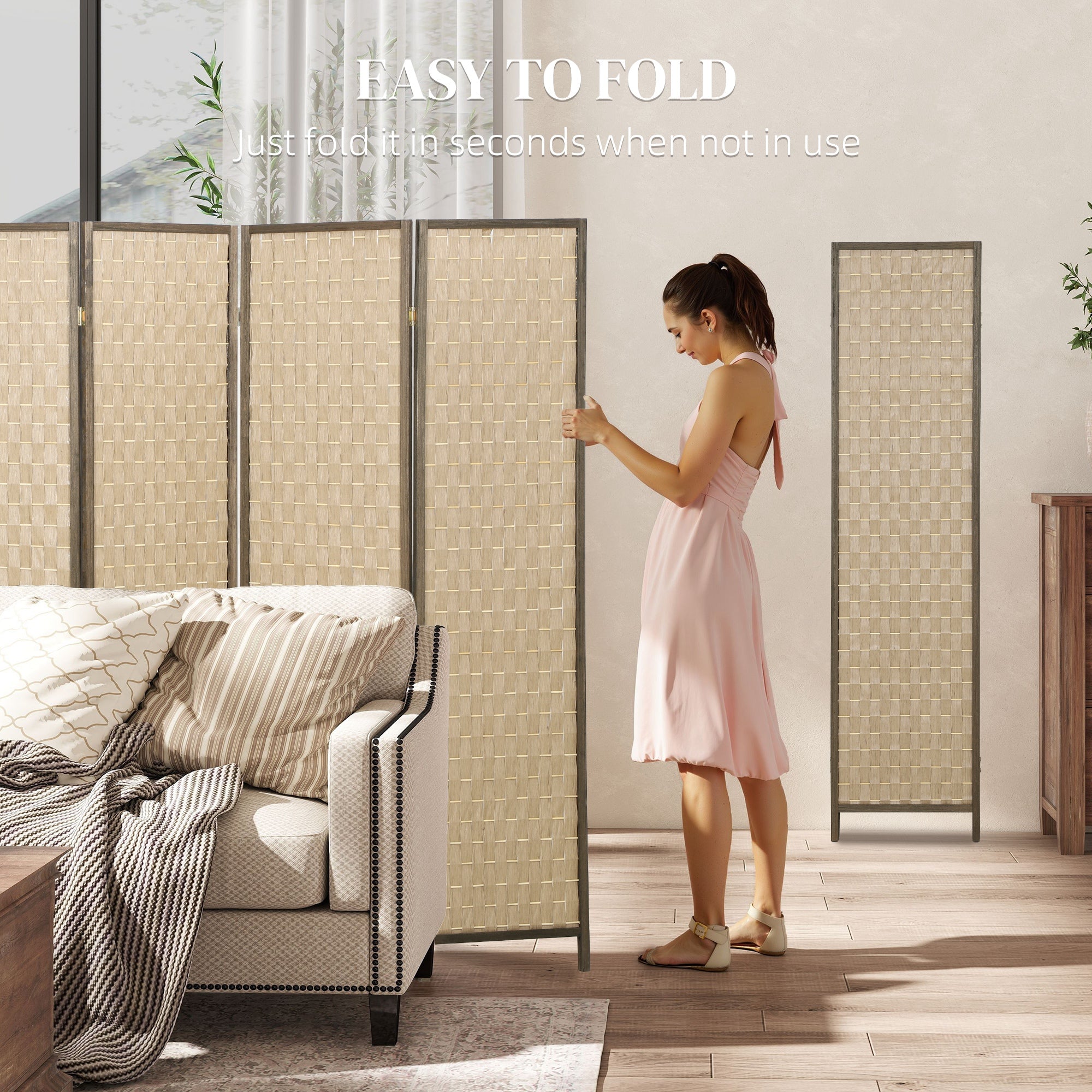 6 FT Room Divider, 6 Panel Folding Privacy Screen, Lightweight Handwoven Freestanding Partition for Home Office, Brown