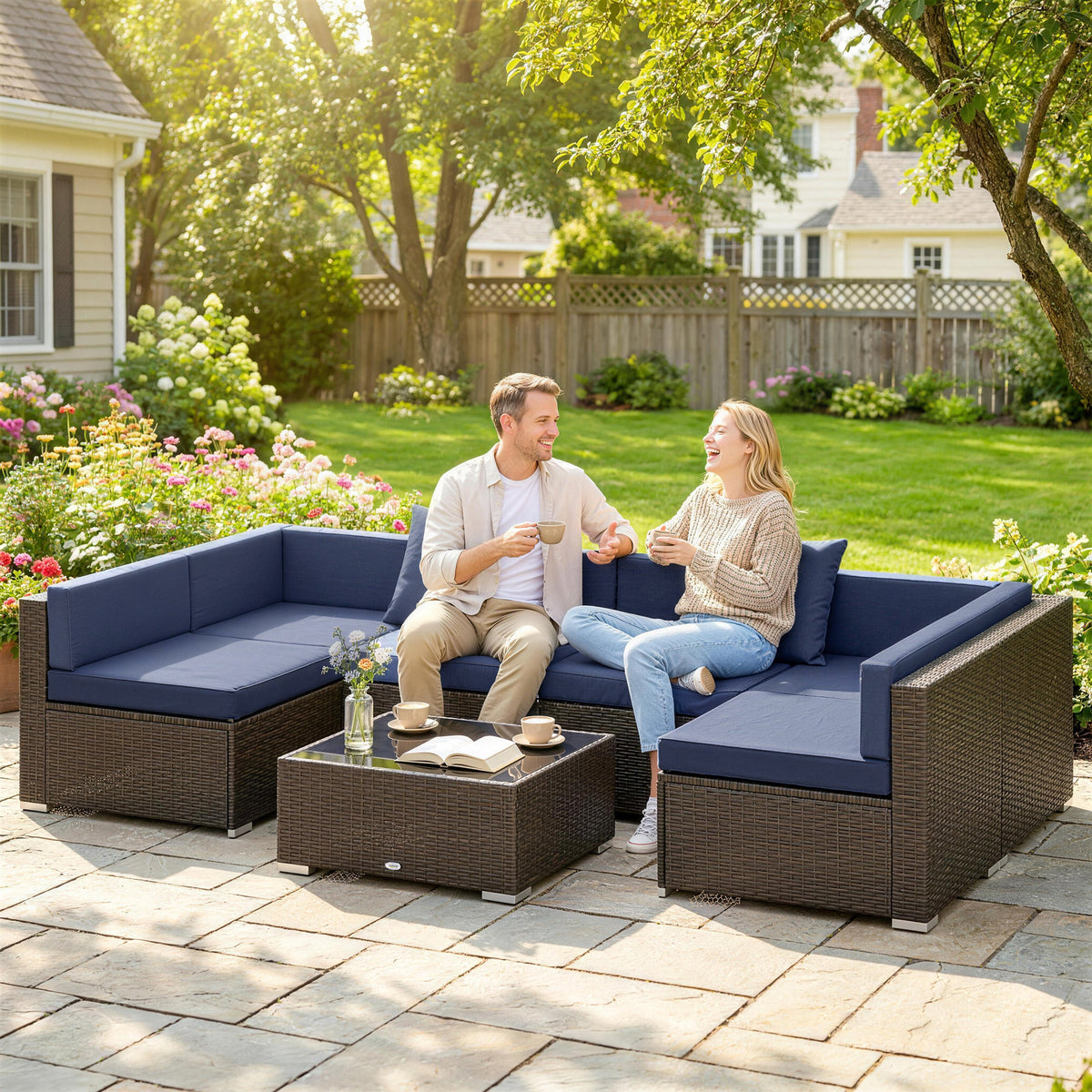7pc Wicker Sectional Set w/ Tea Table Navy Blue-Patio Conversation Sets-DECOROLALA