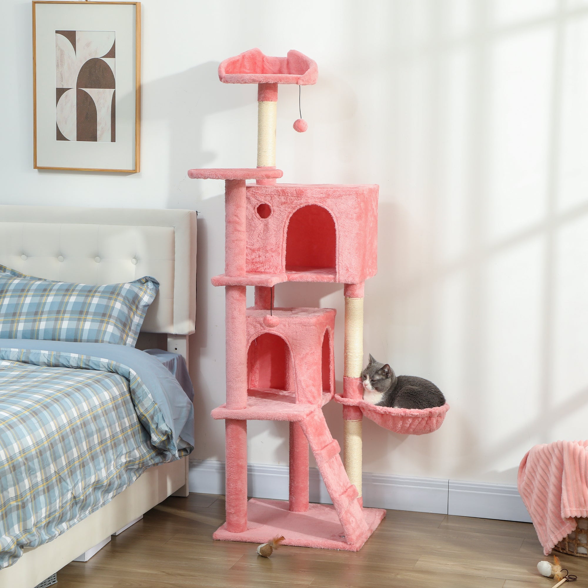 63 Inch Cat Tree with Sisal Scratching Posts, Condos, Plush Perches, Hammock, Ladder, Dangling Balls, Pink