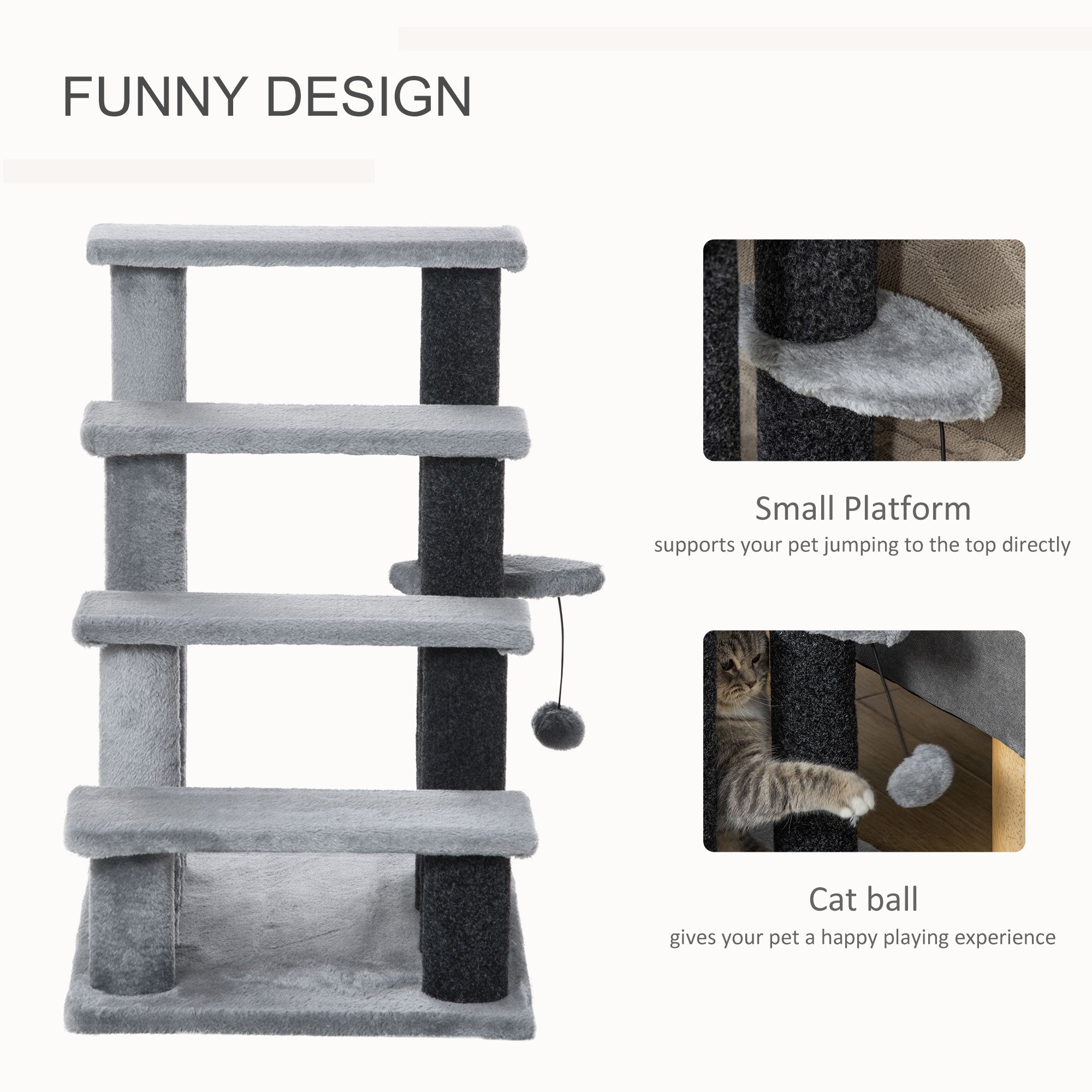Escalier pour chat pour lit ou canapé, 4 marches, petit arbre à chat pour chats d’intérieur avec griffoirs et balle-jouet, 23.5" x 16" x 25"