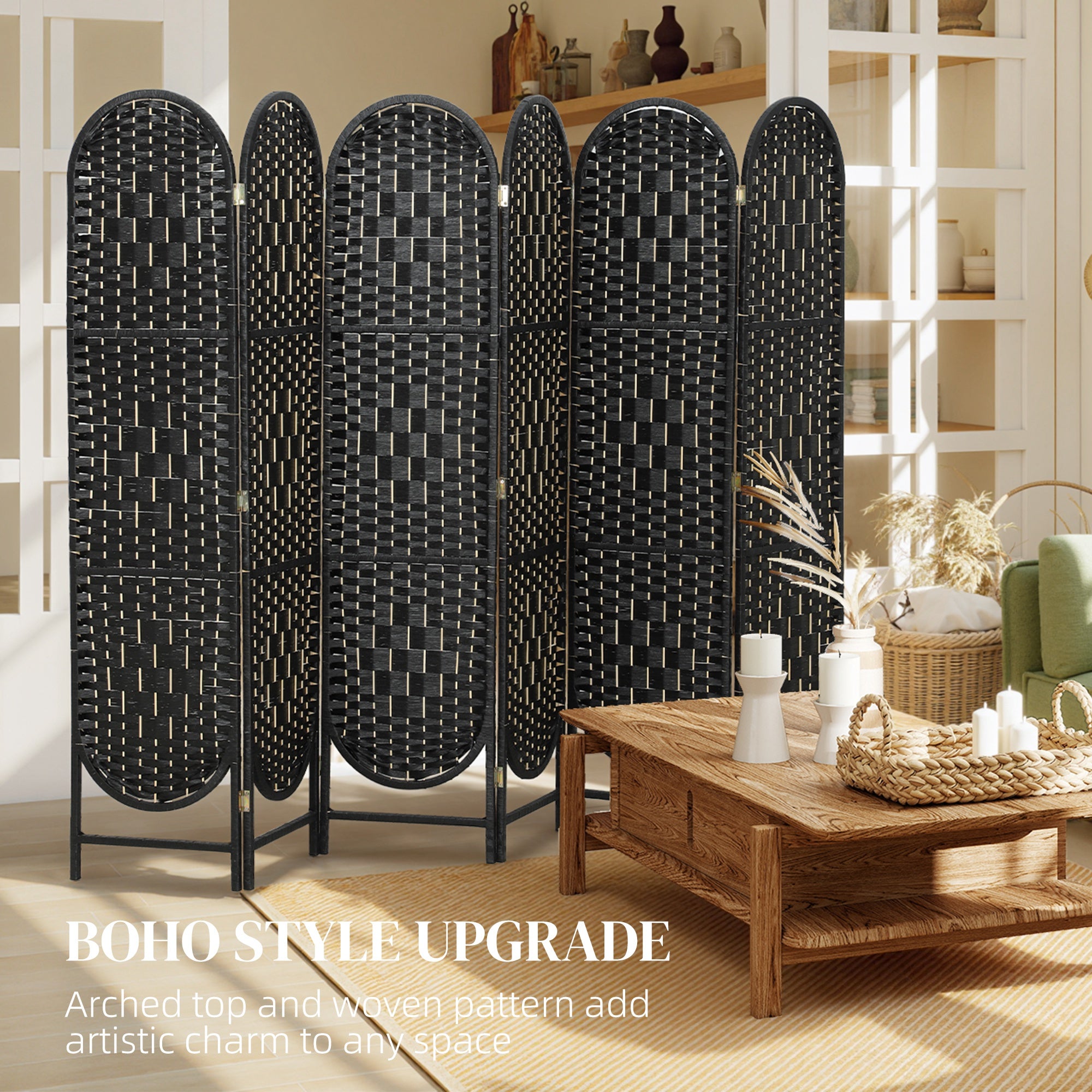 Bohemian Privacy Screen, Folding Room Divider with 6 Panels and Arched Top for Bedroom Living Room Office, Black