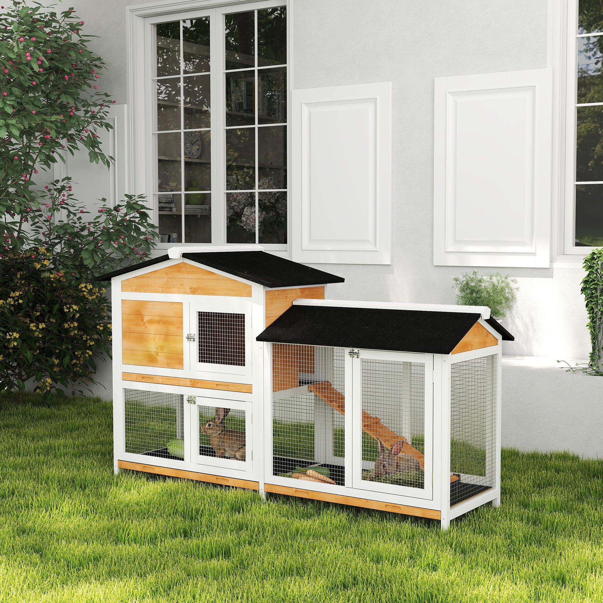 Clapier en bois à 2 niveaux pour lapins, cage d’extérieur pour petits animaux avec rampe et enclos extérieur, jaune
