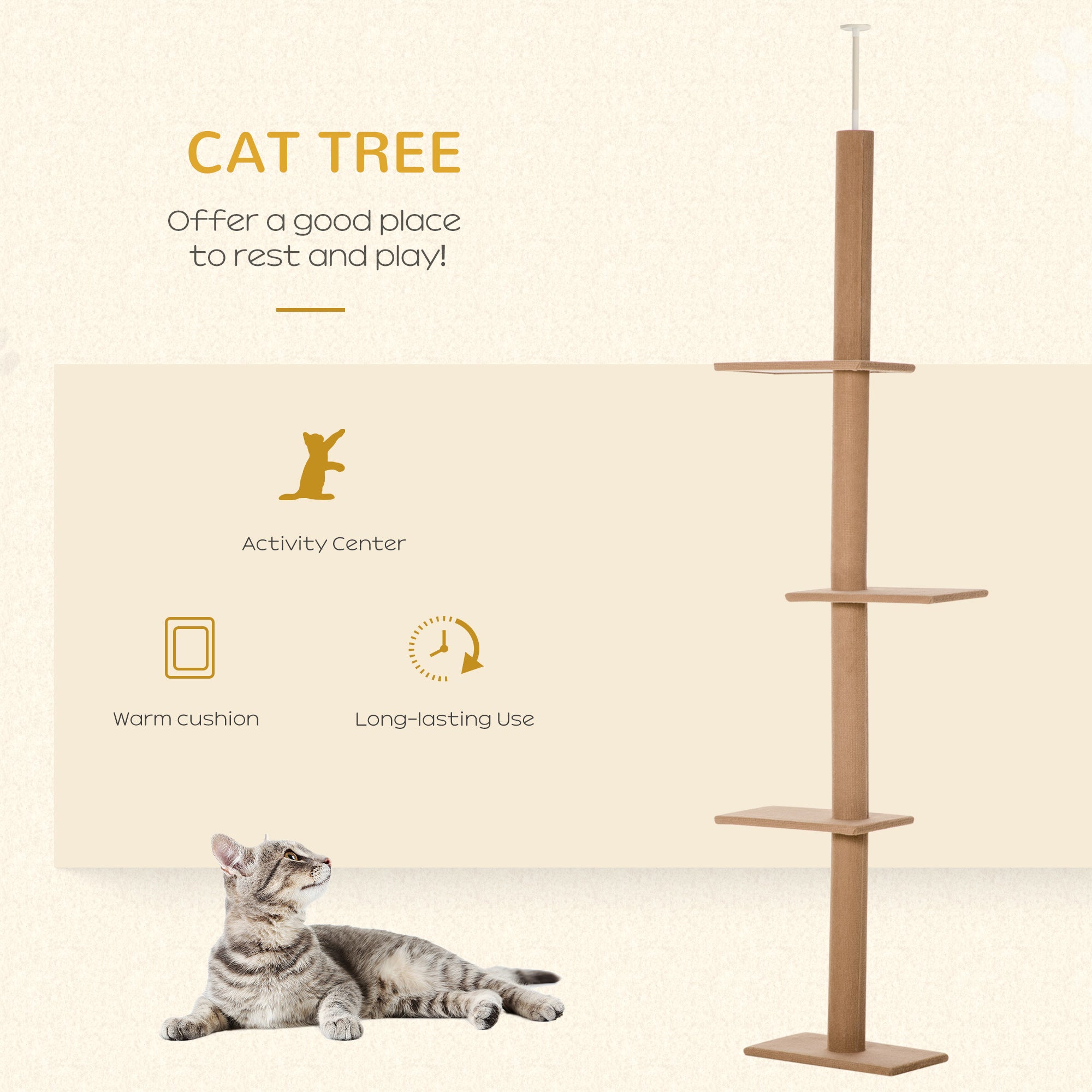 Arbre à chat de 100" du sol au plafond avec 3 perchoirs, centre d’activités pour chatons, tour et meuble pour chat, marron clair