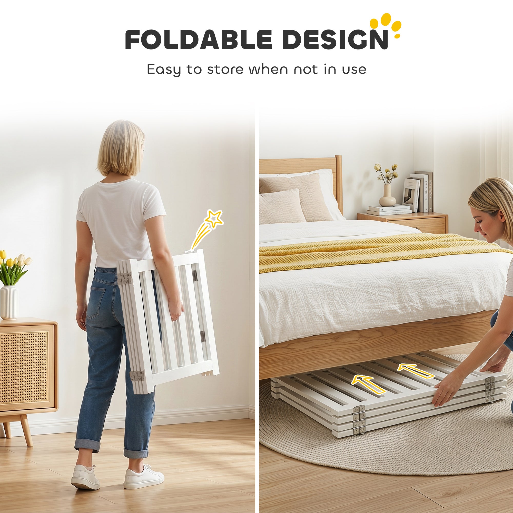 Barrière pliable pour chien de 23.5"H avec porte, 4 panneaux, barrière autoportante pour animaux avec pieds de support, enclos intérieur pour chiots et chiens, blanc