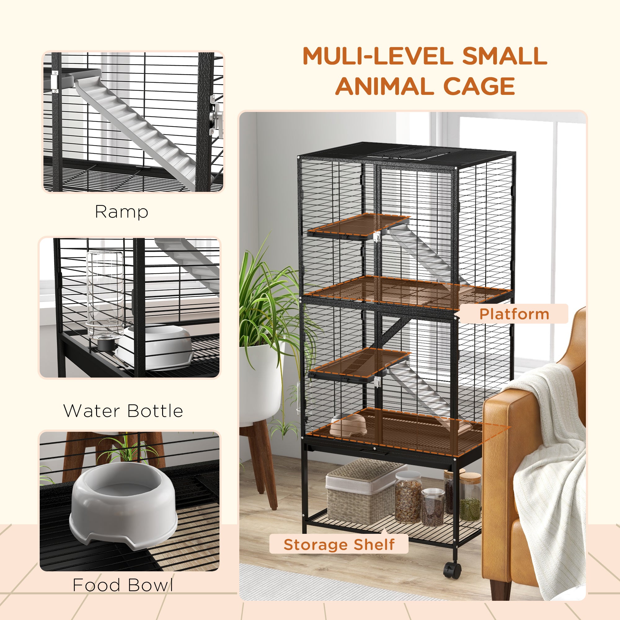 Rolling Small Animal Cage 53.5"H Chinchilla Cage for Ferrets, Squirrels w/ Removable Tray, Storage Shelf, Black