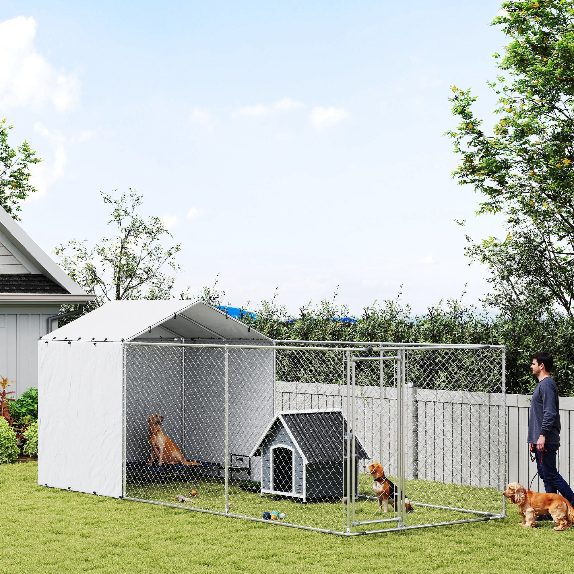 Galvanized Steel Dog Kennel Outdoor with Waterproof & UV-Resistant Cover for Large Dogs, 19.7' x 7.5' x 7.5'