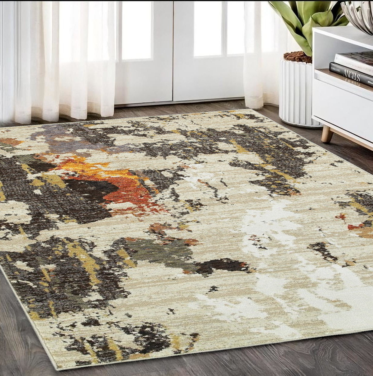 8' Beige And Black Runner Rug-Area Rugs-DECOROLALA