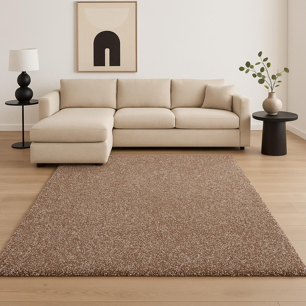 8' Beige And Brown Abstract Hand Woven Round Rug-Area Rugs-DECOROLALA