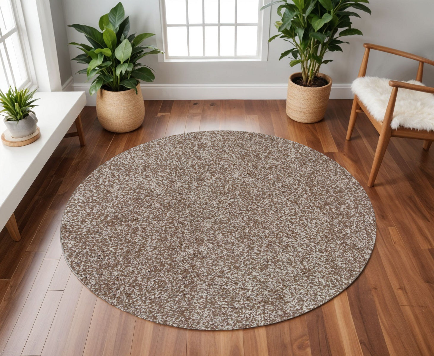 8' Beige And Brown Abstract Hand Woven Round Rug-Area Rugs-DECOROLALA