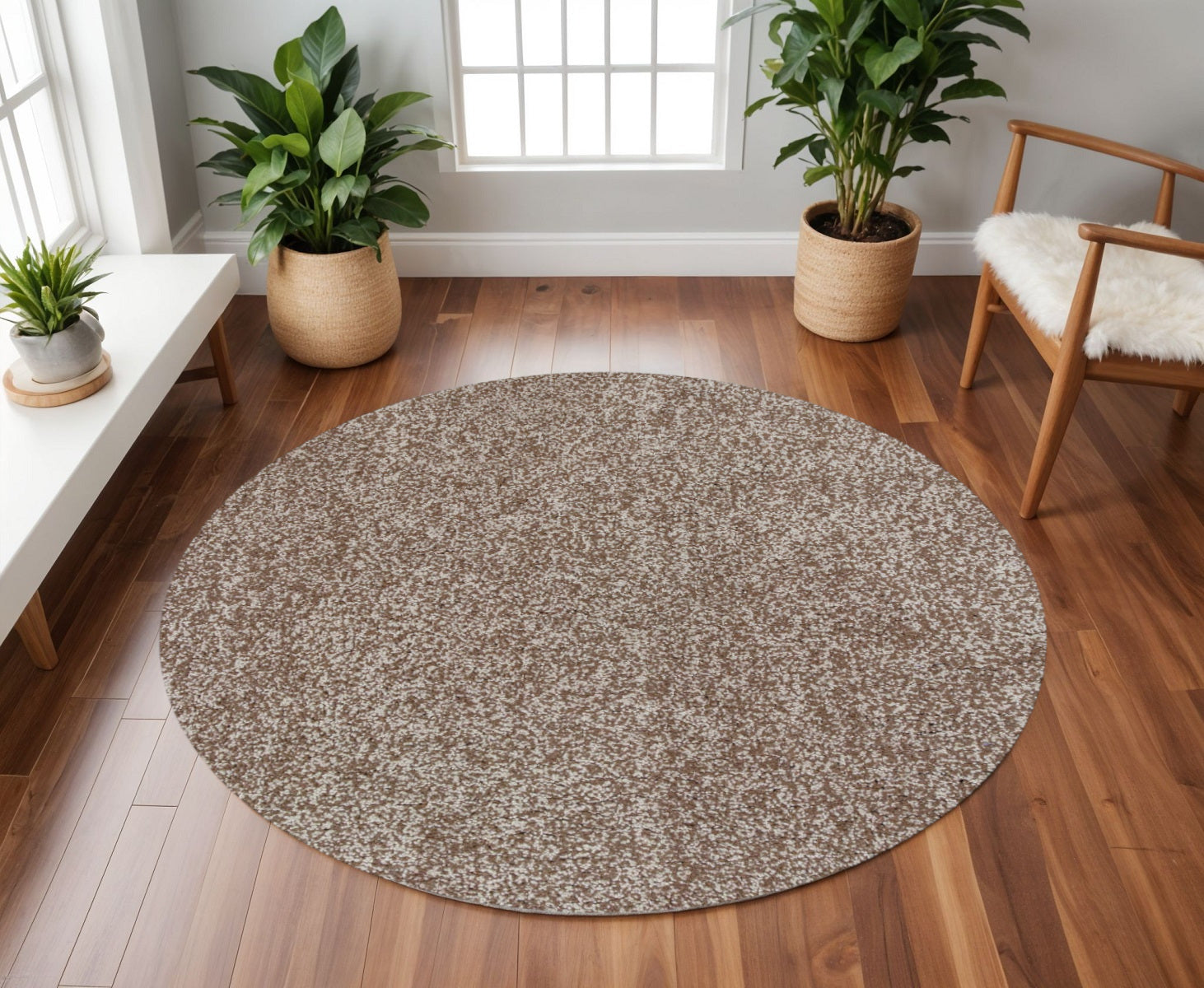 8' Beige And Brown Abstract Hand Woven Round Rug-Area Rugs-DECOROLALA