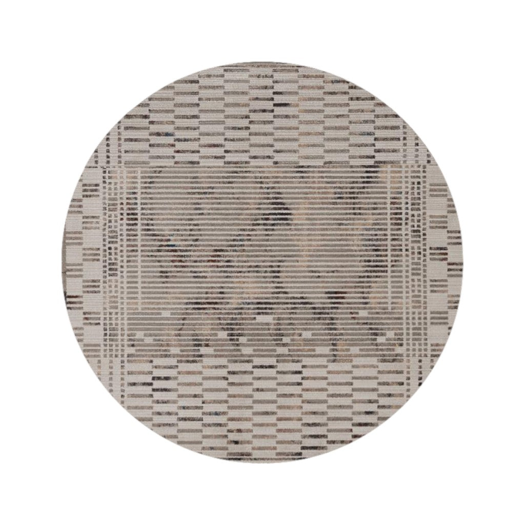 8' Beige And Brown Abstract Round Rug-Area Rugs-DECOROLALA