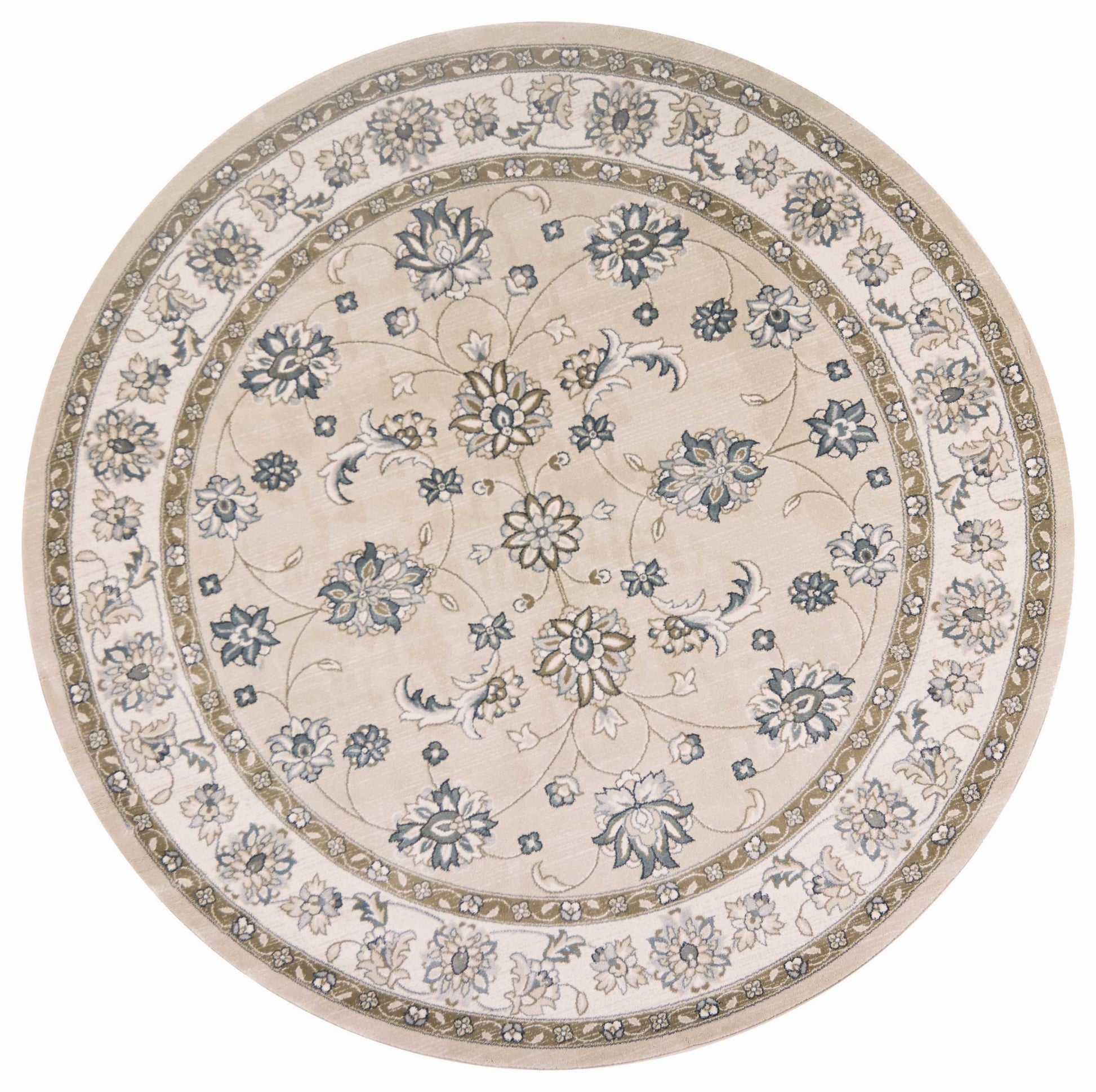 8' Beige And Ivory Floral Medallion Round Rug-Area Rugs-DECOROLALA