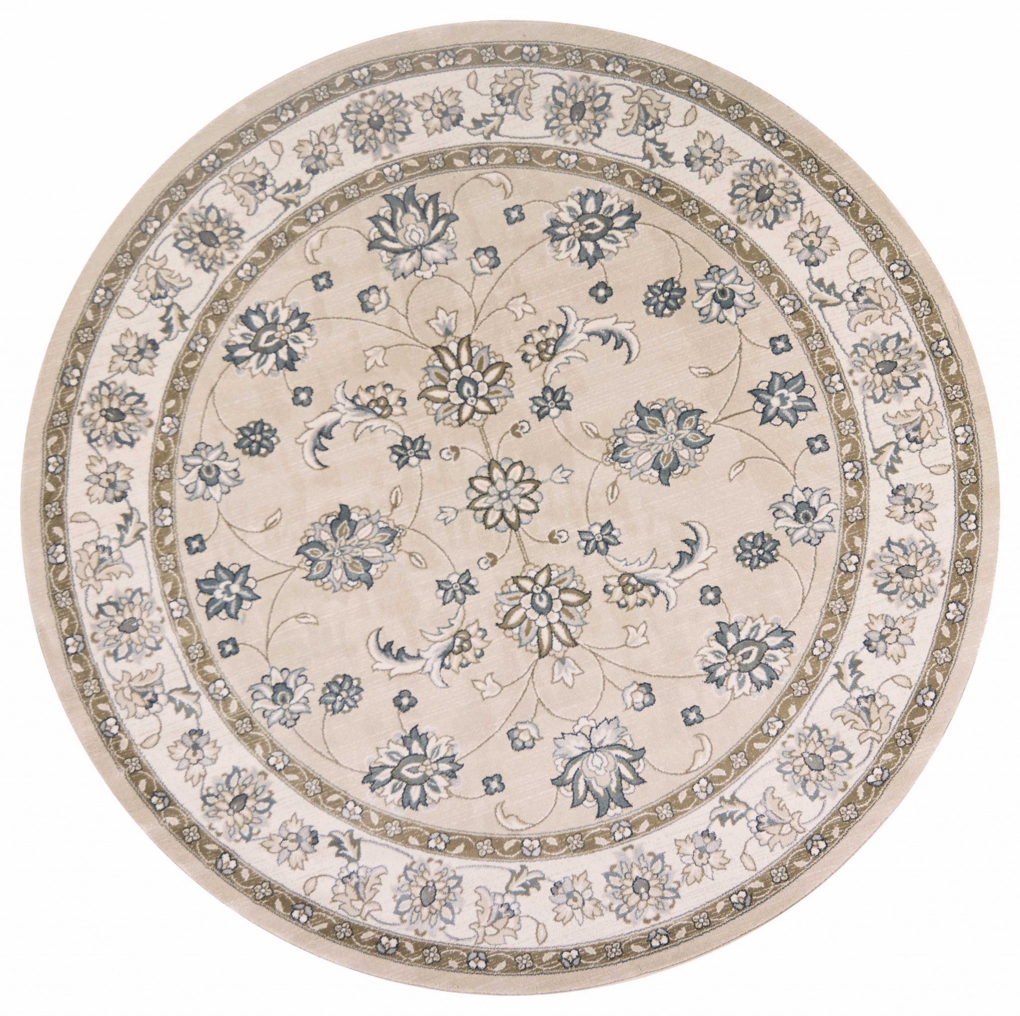 8' Beige And Ivory Floral Medallion Round Rug-Area Rugs-DECOROLALA