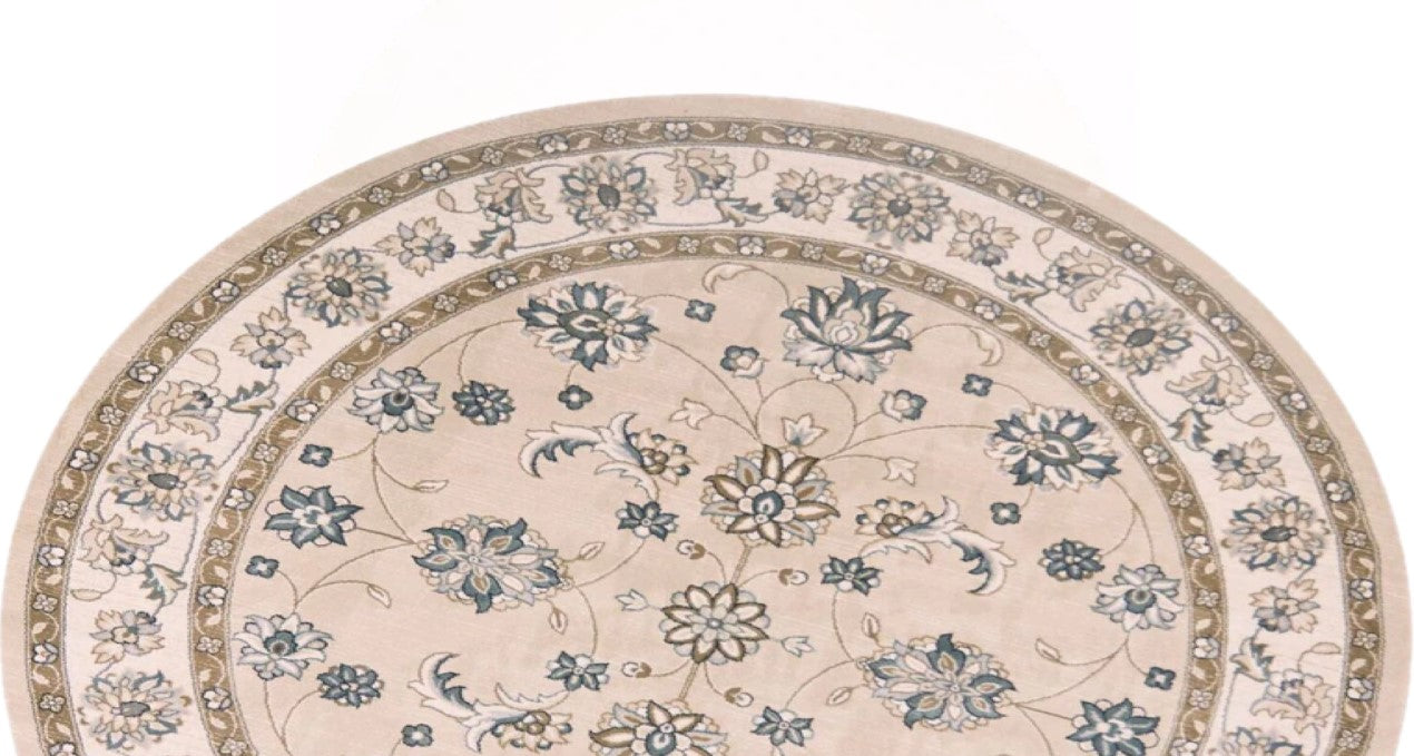 8' Beige And Ivory Floral Medallion Round Rug-Area Rugs-DECOROLALA