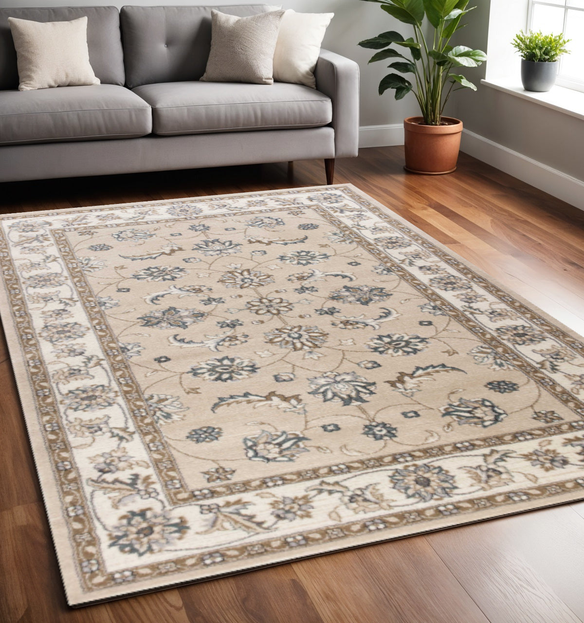 8' Beige And Ivory Floral Medallion Round Rug-Area Rugs-DECOROLALA